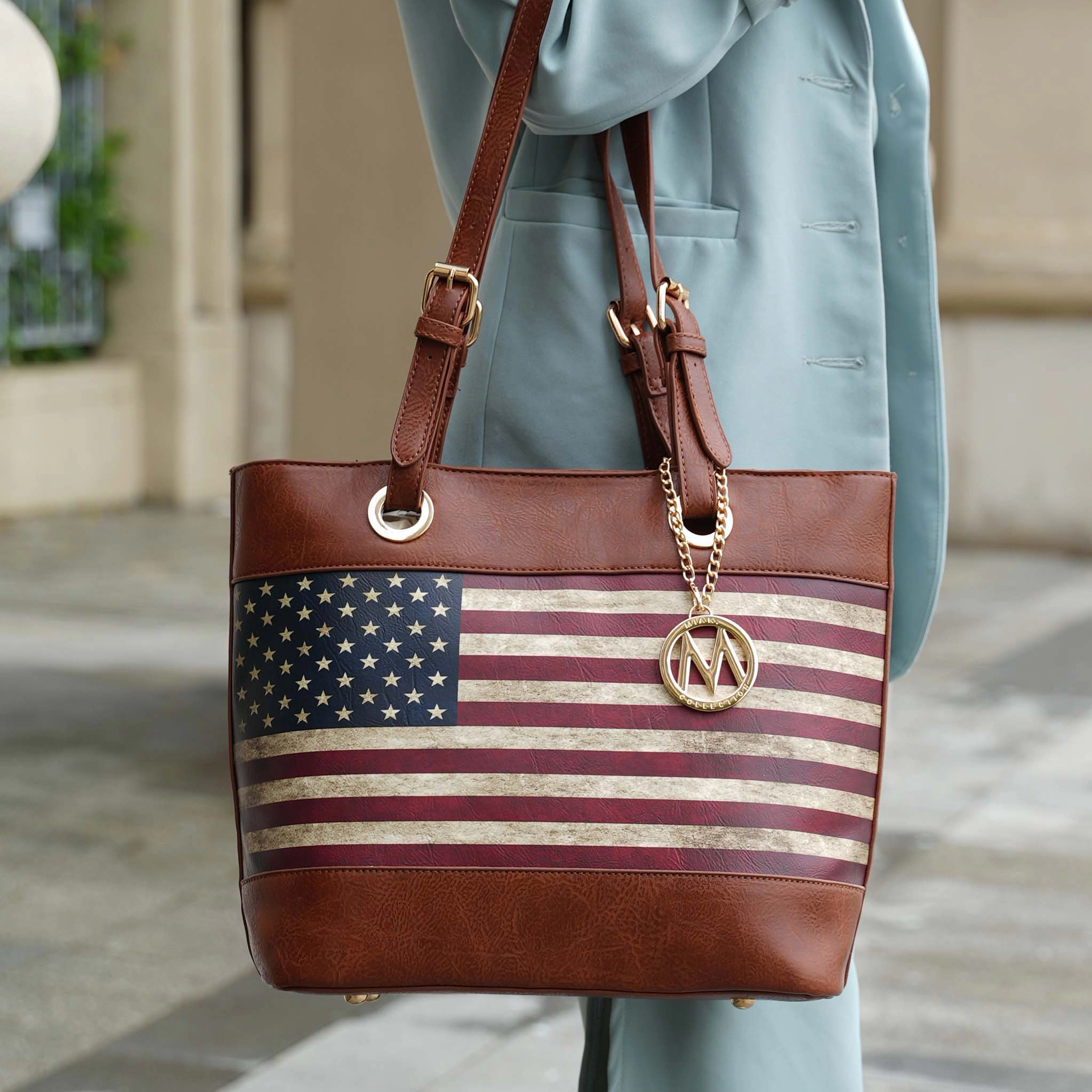 Mia K Collection Vera Tote Bag - Vegan Leather Patriotic Flag Print, Gold-Tone Hardware