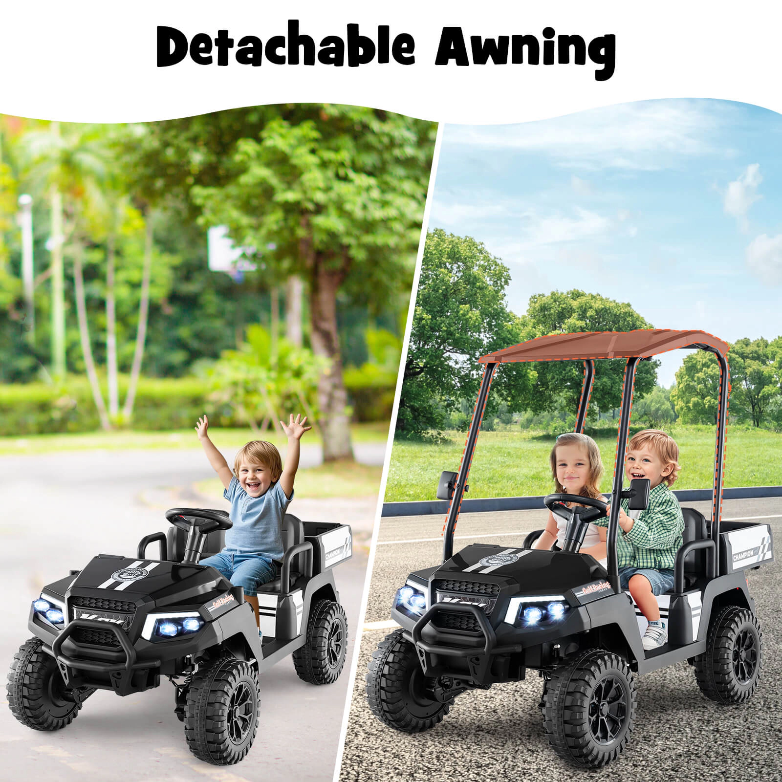 Costway 24V 7AH Kids Golf Cart 4WD 2 Seater Ride on Car w/Sun Shade & Dump Bed Black/Red/Pink/Navy