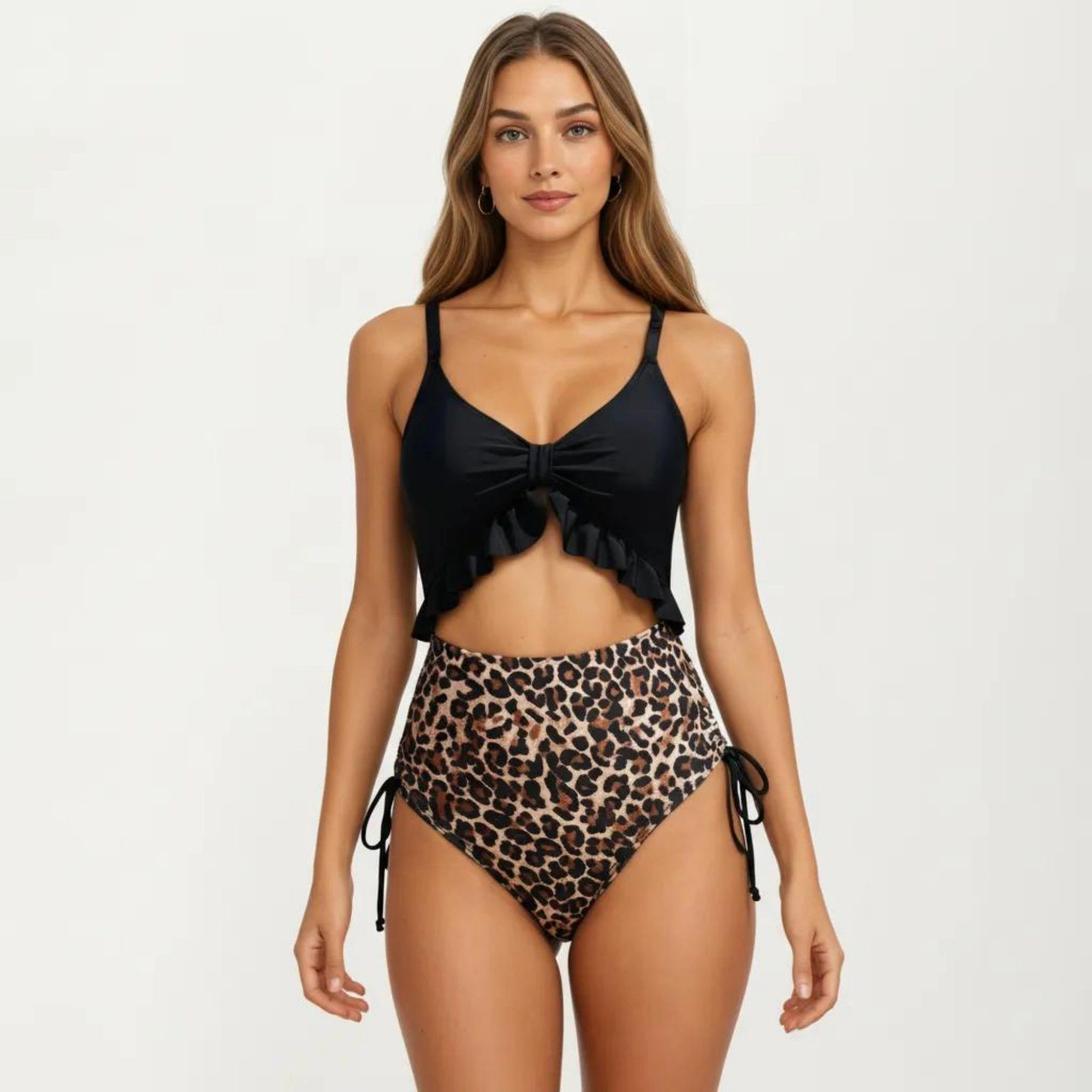 Anna-Kaci Women Cutout One-Piece Swimsuit - Ruffle Front Tie, High-Waisted Leopard Print