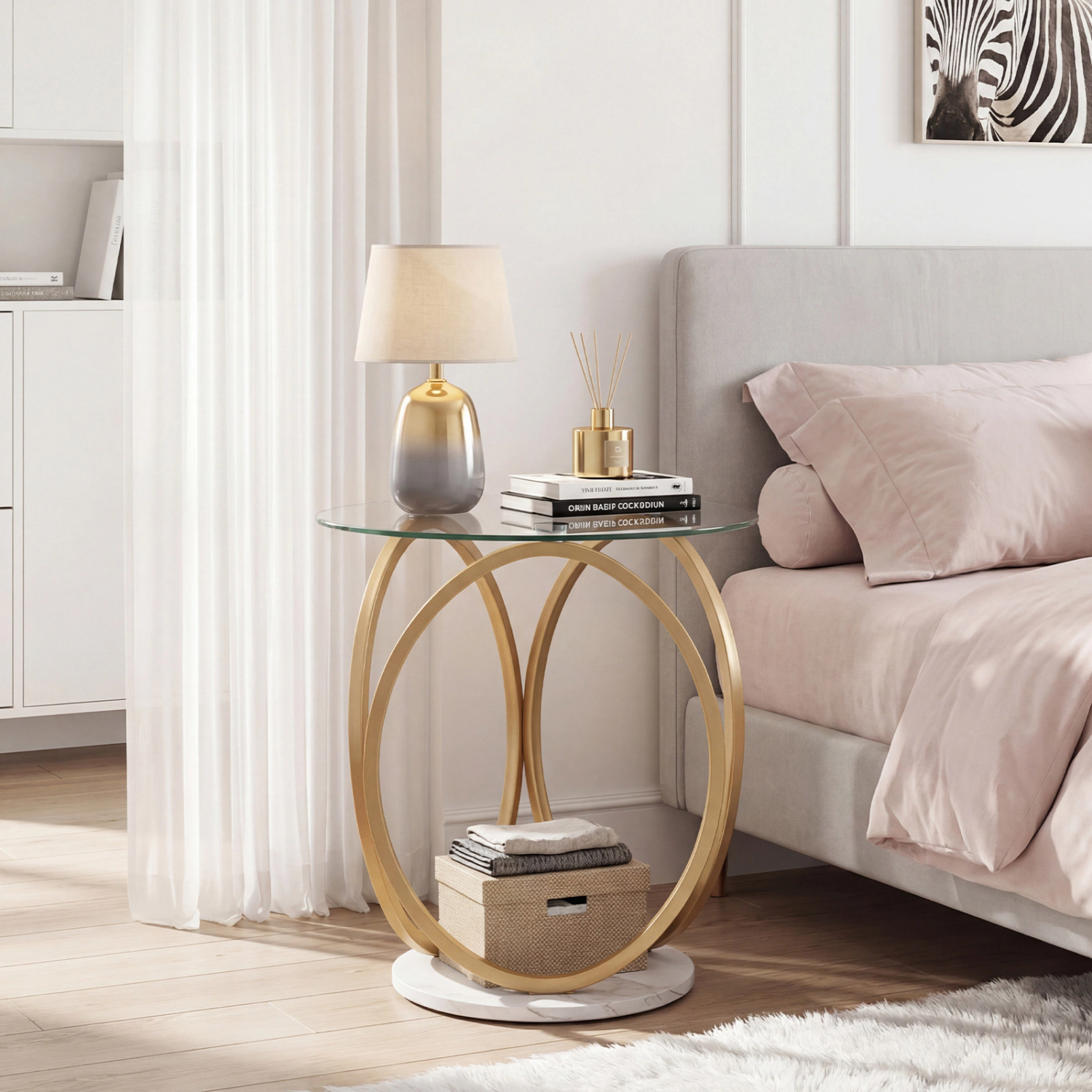 LJG Round End Table Faux Marble Side Table with Tempered Glass Tabletop