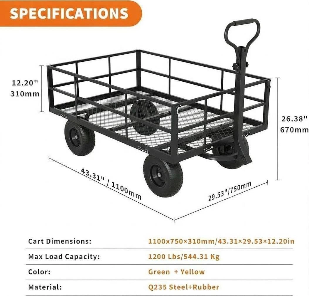 Steel Garden Cart, 1200 LBS Capacity Wagon with 10" Tire and 180° Rotating Handle, Black