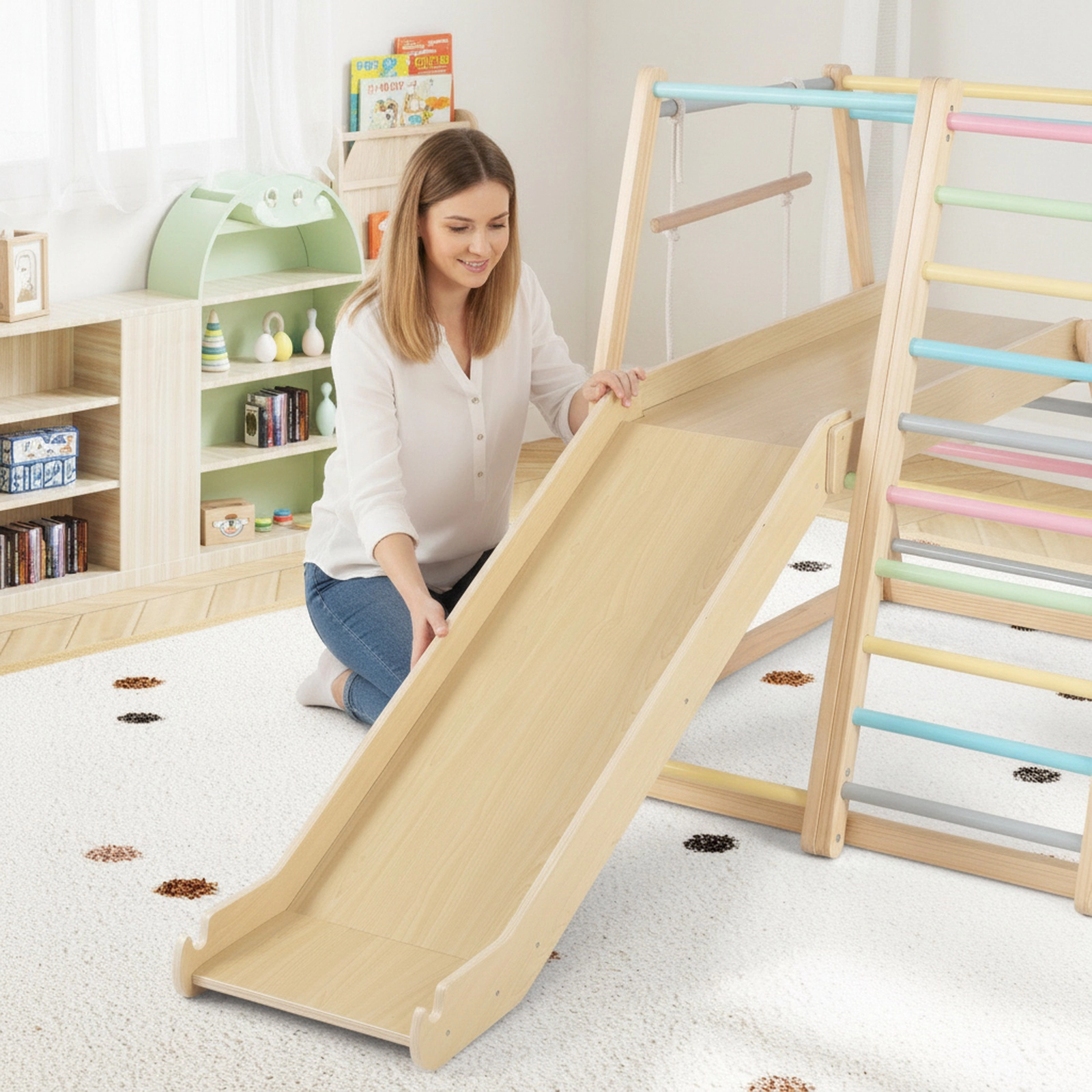 8-in-1 Multicolor Wooden Jungle Gym Kids Climber Height-Adjustable Ramp Rope Swing Monkey Bars 110-lb Ages 3-5
