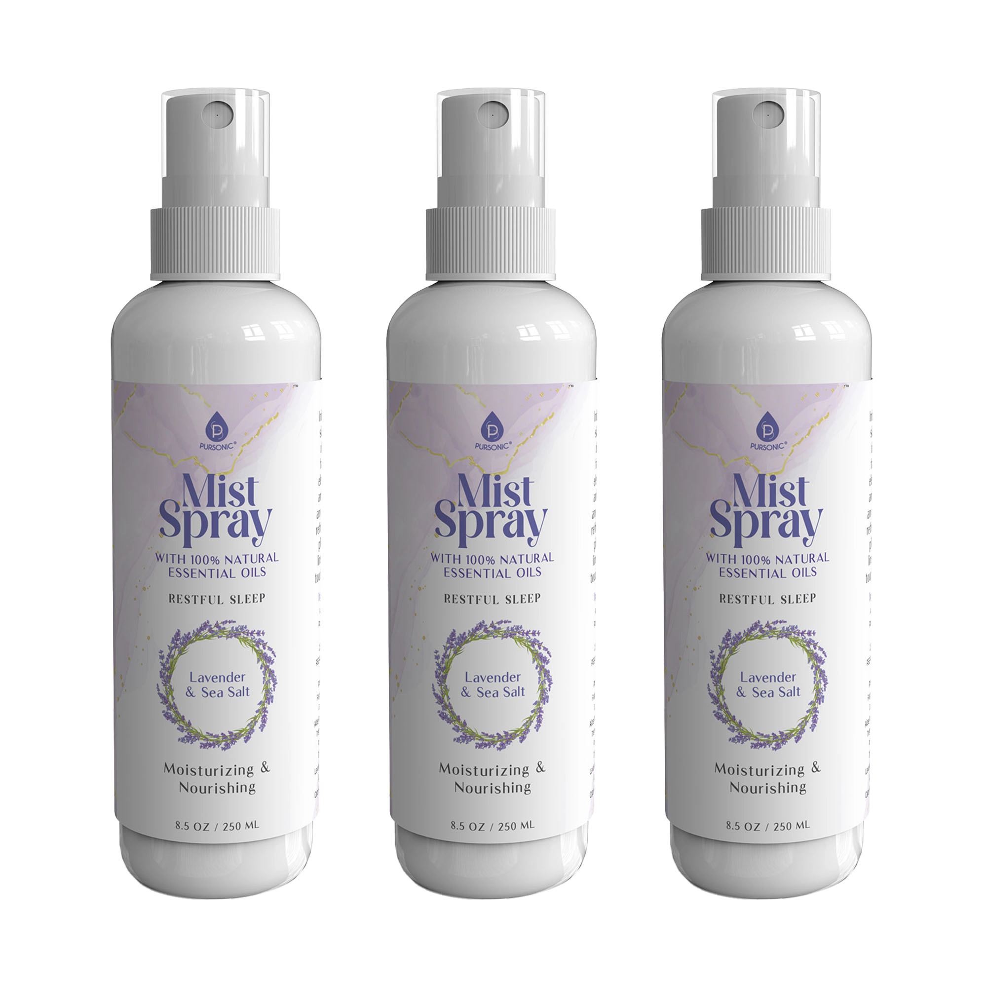 Pursonic Unisex Aromatherapy & Wellness Mist Spray Set: Lavender & Sea Salt Body, Linen & Room Sprays (3-Pack)