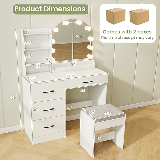 SUGIFT White Makeup Vanity Desk Set with Stool, LED Mirror and Charging ...