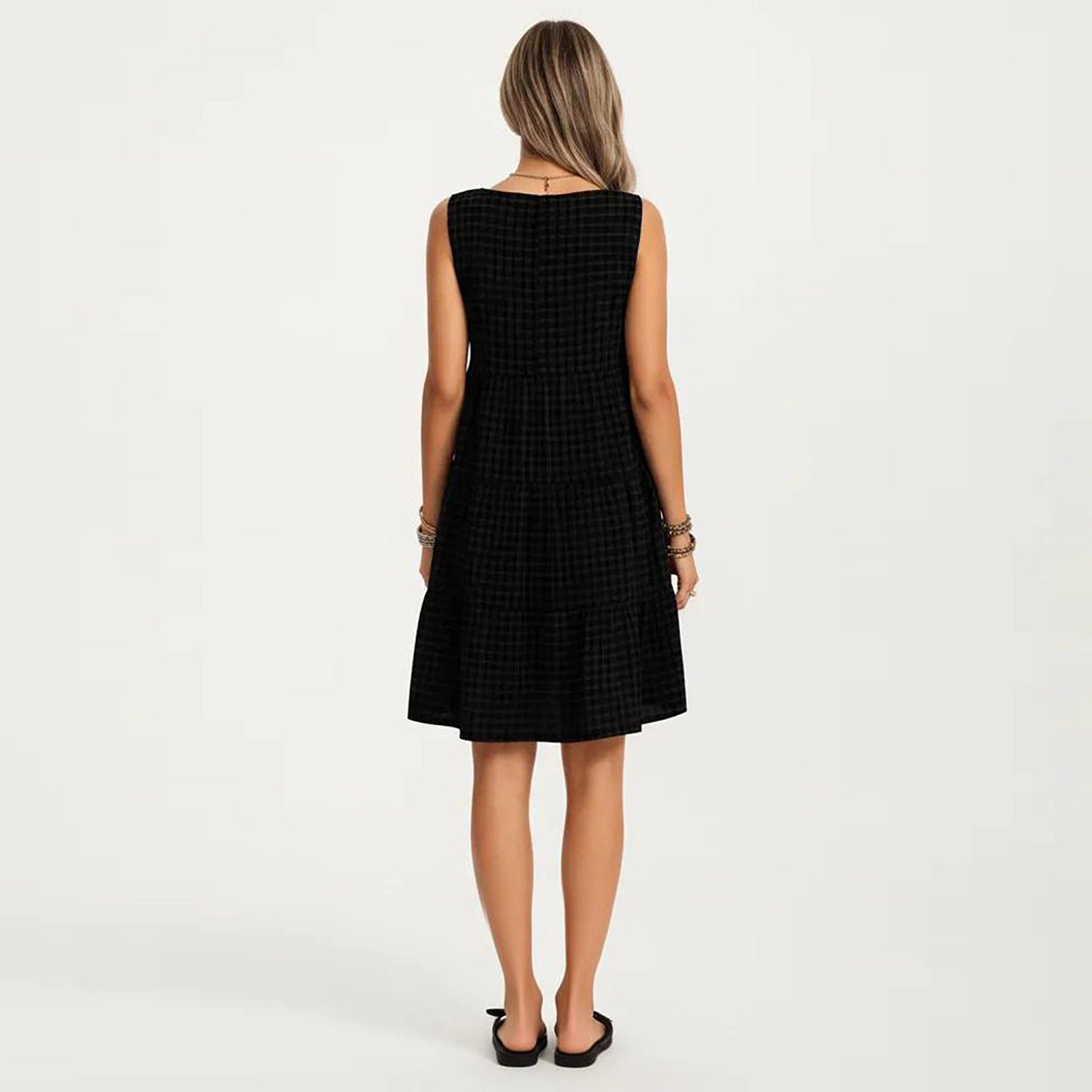 Anna-Kaci Women's Sleeveless Tiered Textured Check Pattern Round Neck A-Line Mini Dress