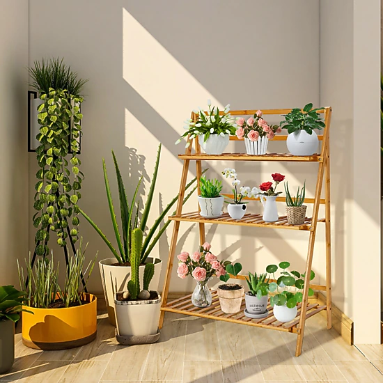 SUGIFT Natural 3-Tier Foldable Bamboo Plant Stand with Open Ladder Shelves 27.5-in W 15-in D 37.5-in H