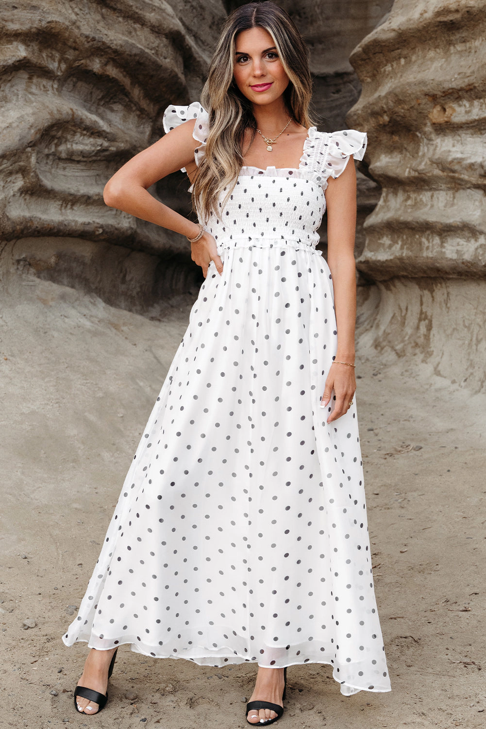 Threaded Pear Women's Sarai Polka Dot Smocked Maxi Dress