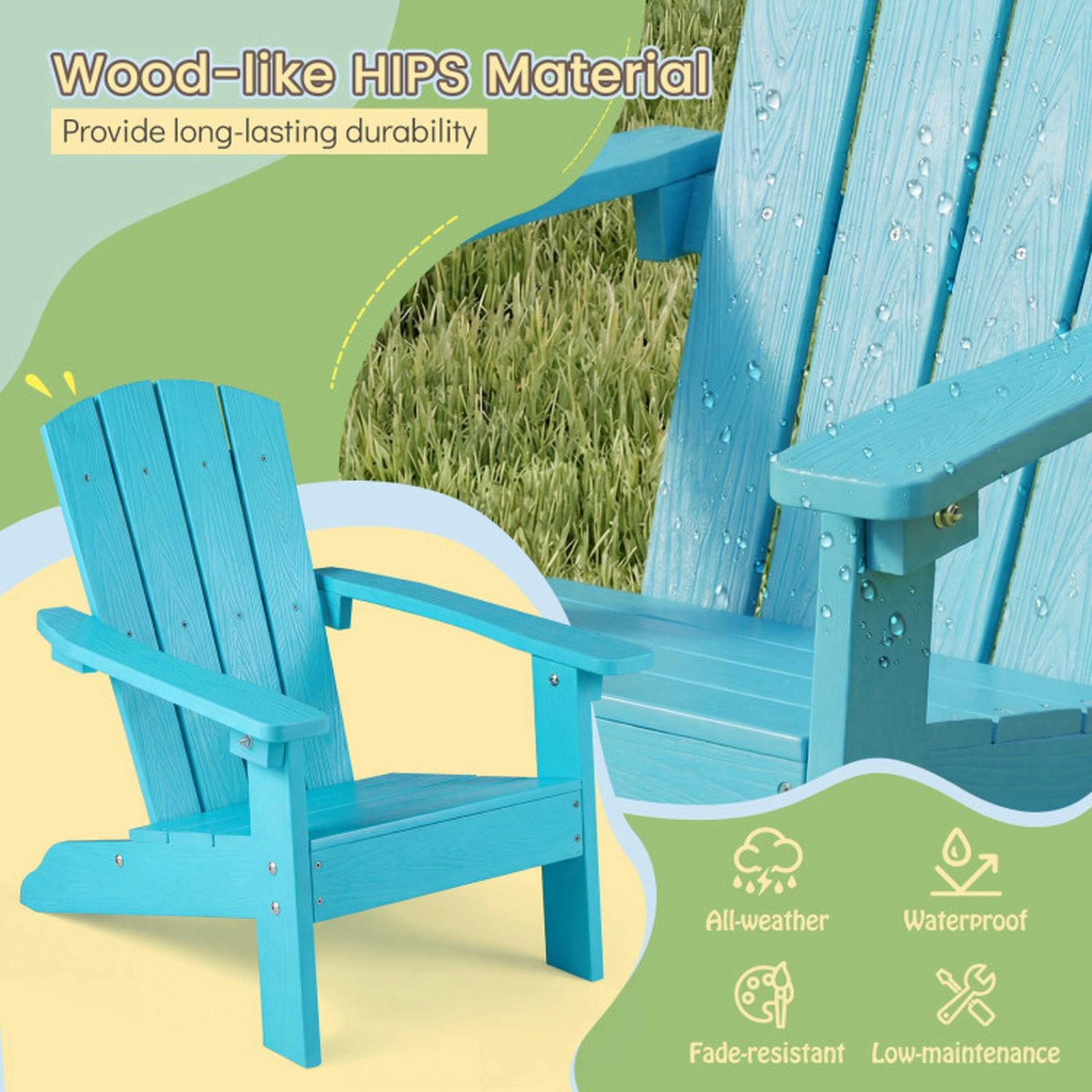 SUGIFT Turquoise HIPS Kids Adirondack Chair with High Backrest and Wide Armrests 22-in W 20-in D 22-in H