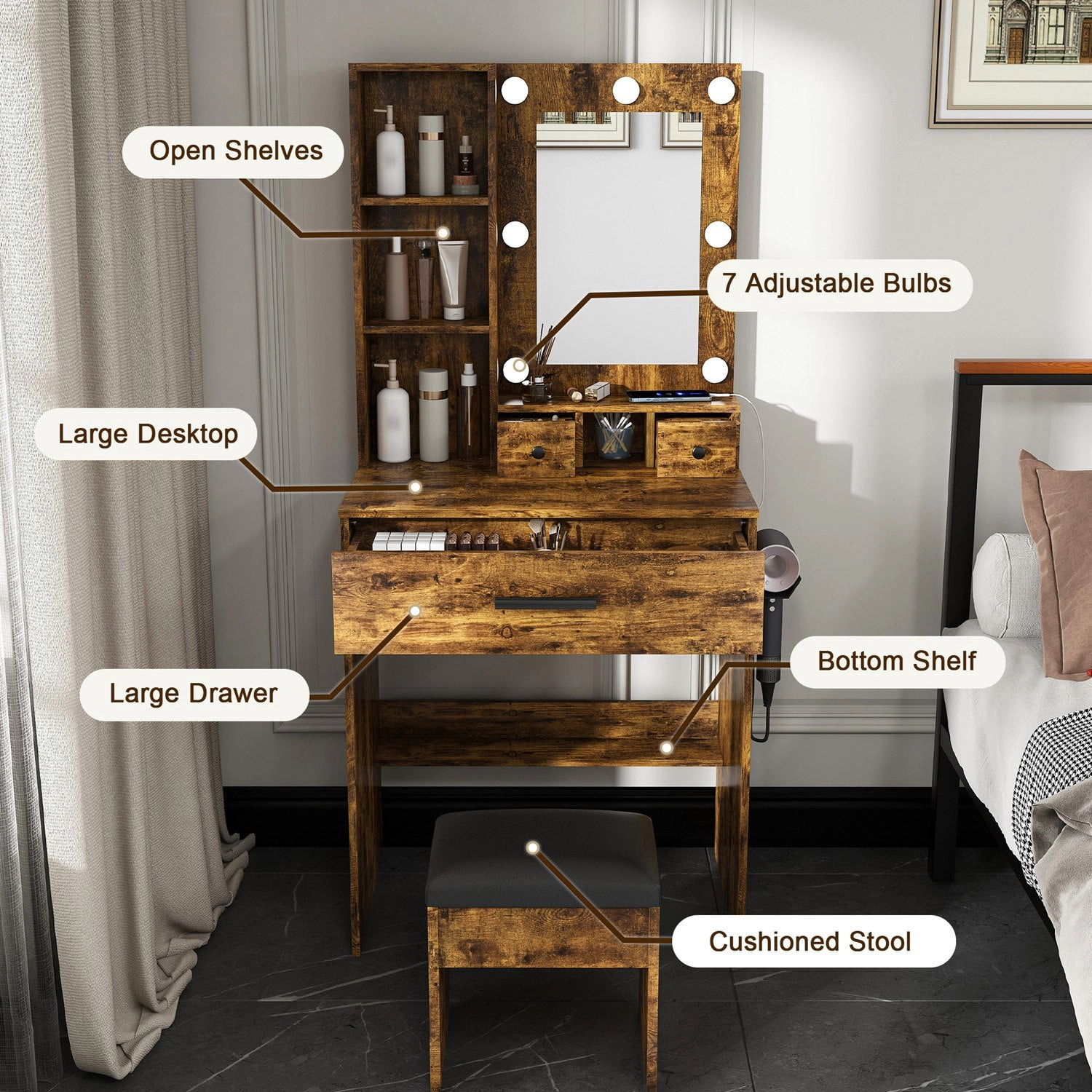 GBruno LED Lighted Vanity Desk Set With Padded Stool