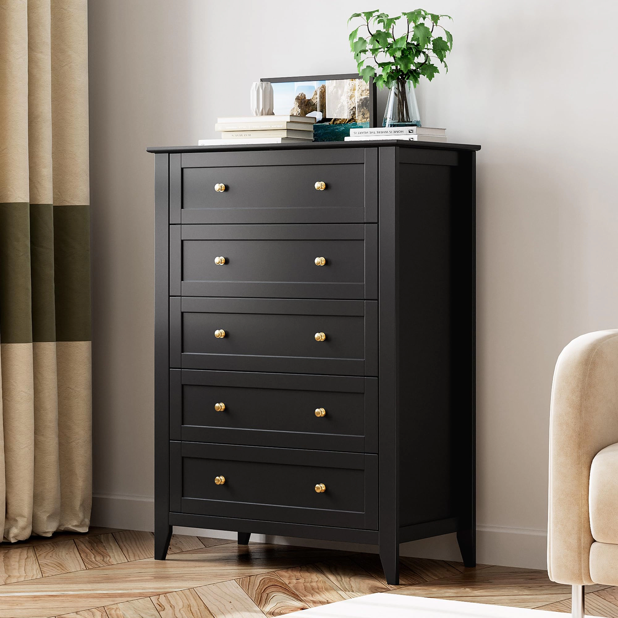 5 Drawer Tall Modern Dresser with Metal Knobs, Wooden Storage Chest for Bedroom Entryway Hallway