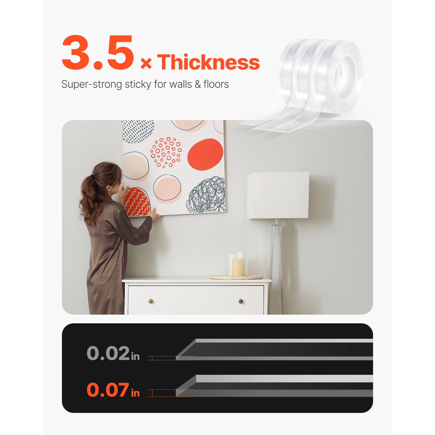 HONGGE Double Sided Tape Heavy Duty Nano Mounting Tape Strong Adhesive & Reusable Clear Two Sided Wall Tape Removable