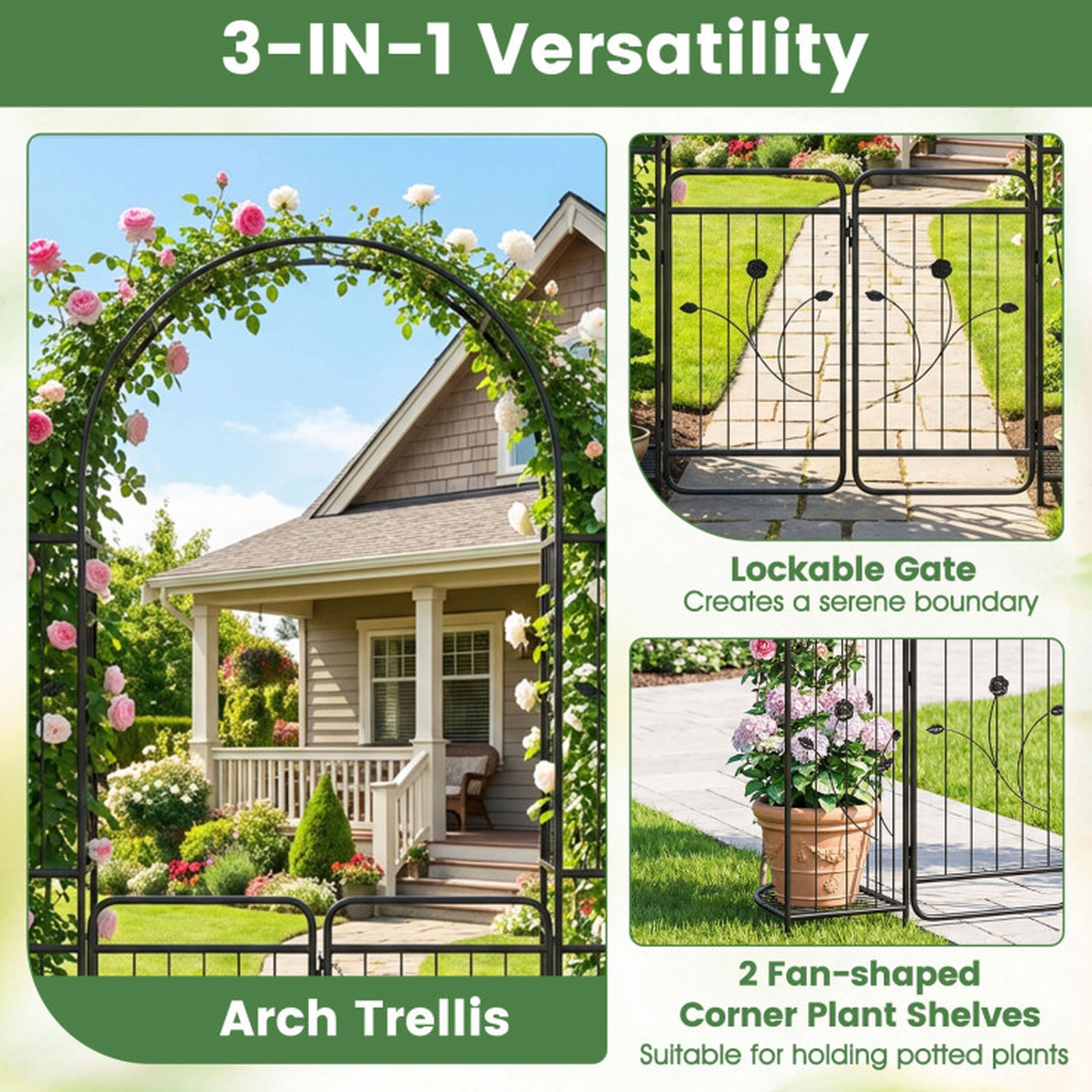 SUGIFT Black Metal Garden Arch with Lockable Gate 2 Planter Shelves and 6 Ground Stakes 64-in W 20-in D 87-in H