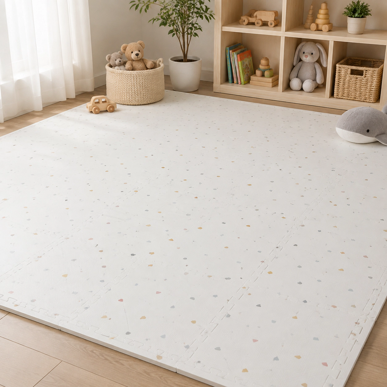 SUGIFT Light Gray Terrazzo 18-Tile 3-Layer EVA Interlocking Foam Floor Tiles with Widened End Borders