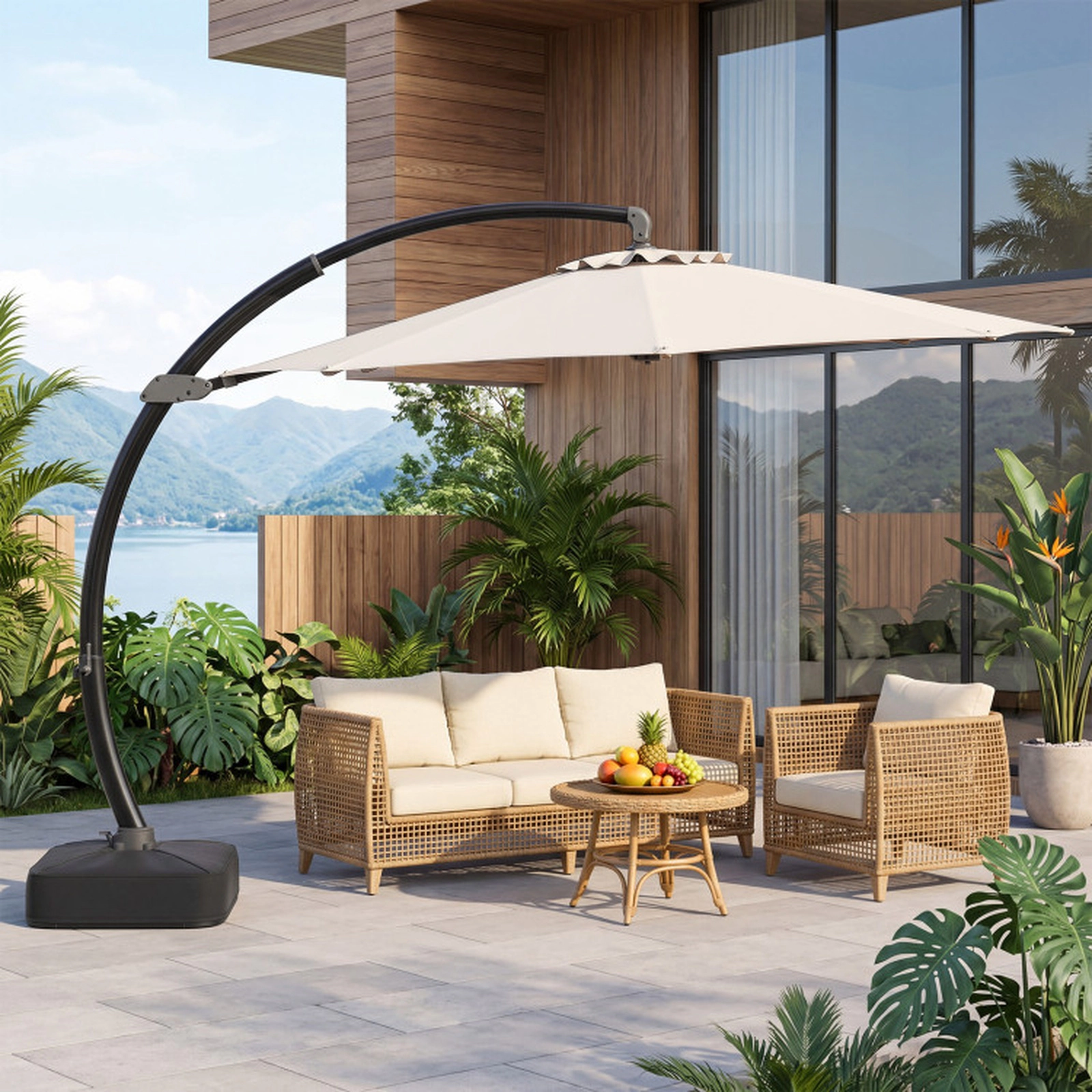 SUGIFT 11-ft Beige Aluminum Offset Cantilever Patio Umbrella with 220-lb Sandbag Base and Foot Pedal Spin