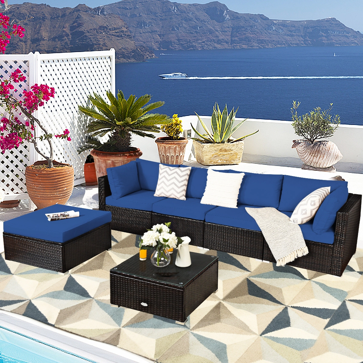 LJG 6 Pieces Outdoor Patio Rattan Sectional Sofa Set with Coffee Table