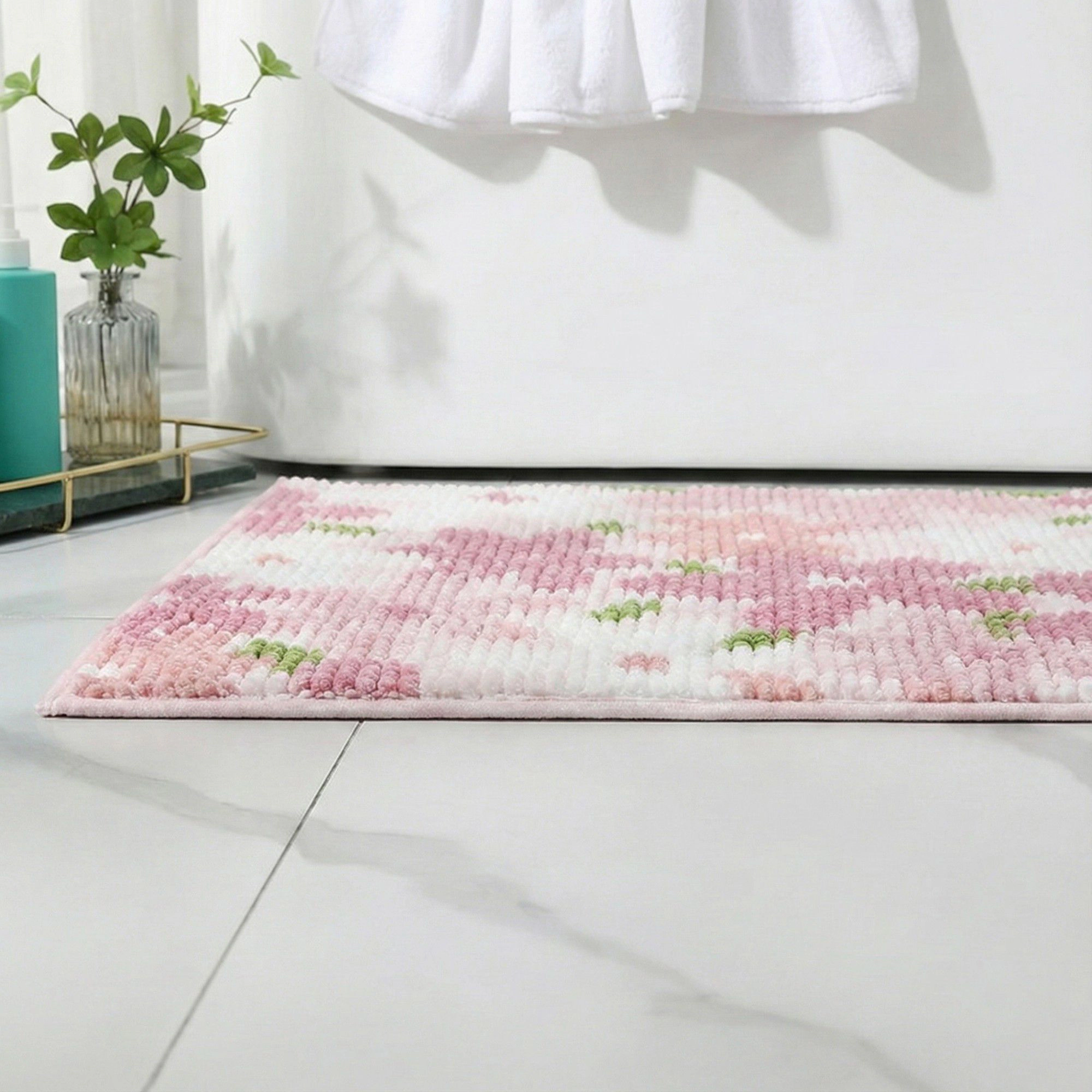 Alilang Unisex Plush Absorbent Bathroom Floor Mat with Floral Pattern Soft Textured Bath Rug for Tub Shower and Sink Are