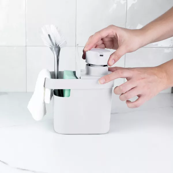 OU 22oz Soap Dispenser w/ Sponge & Dish Brush Holder Organizer w/ Drainage, Soap Pump Compatible w/ Gel & Dish Soaps