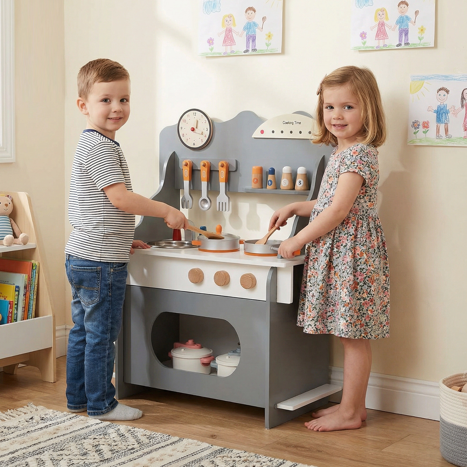 Wooden Play Kitchen for Toddlers with Learning Clock Anti-Tip Kit and 14-in Counter 20.5-in x 11.5-in x 28-in Gray