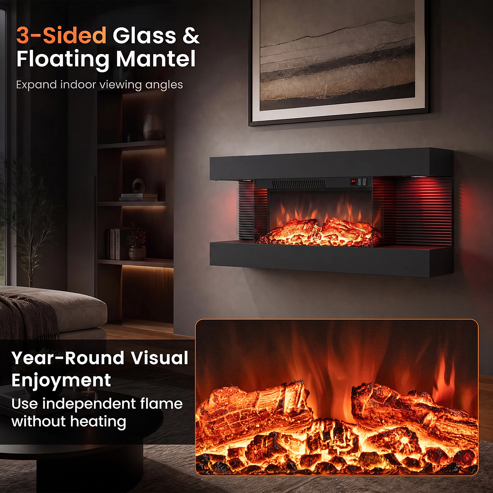 SUGIFT 32-in 3-Sided Floating Mantel 12 Side LED Colors Wall Mount Electric Fireplace 32.3-in x 8.1-in x 16.5-in Black