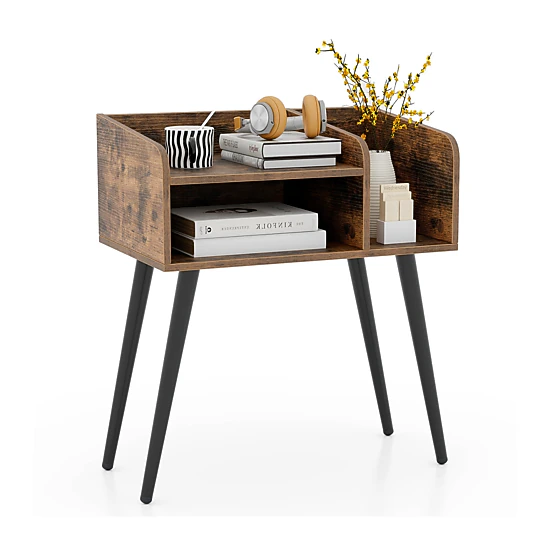 Glintex Mid-Century Nightstand with Divided Open Shelves and 14.5-Inch Leg Clearance
