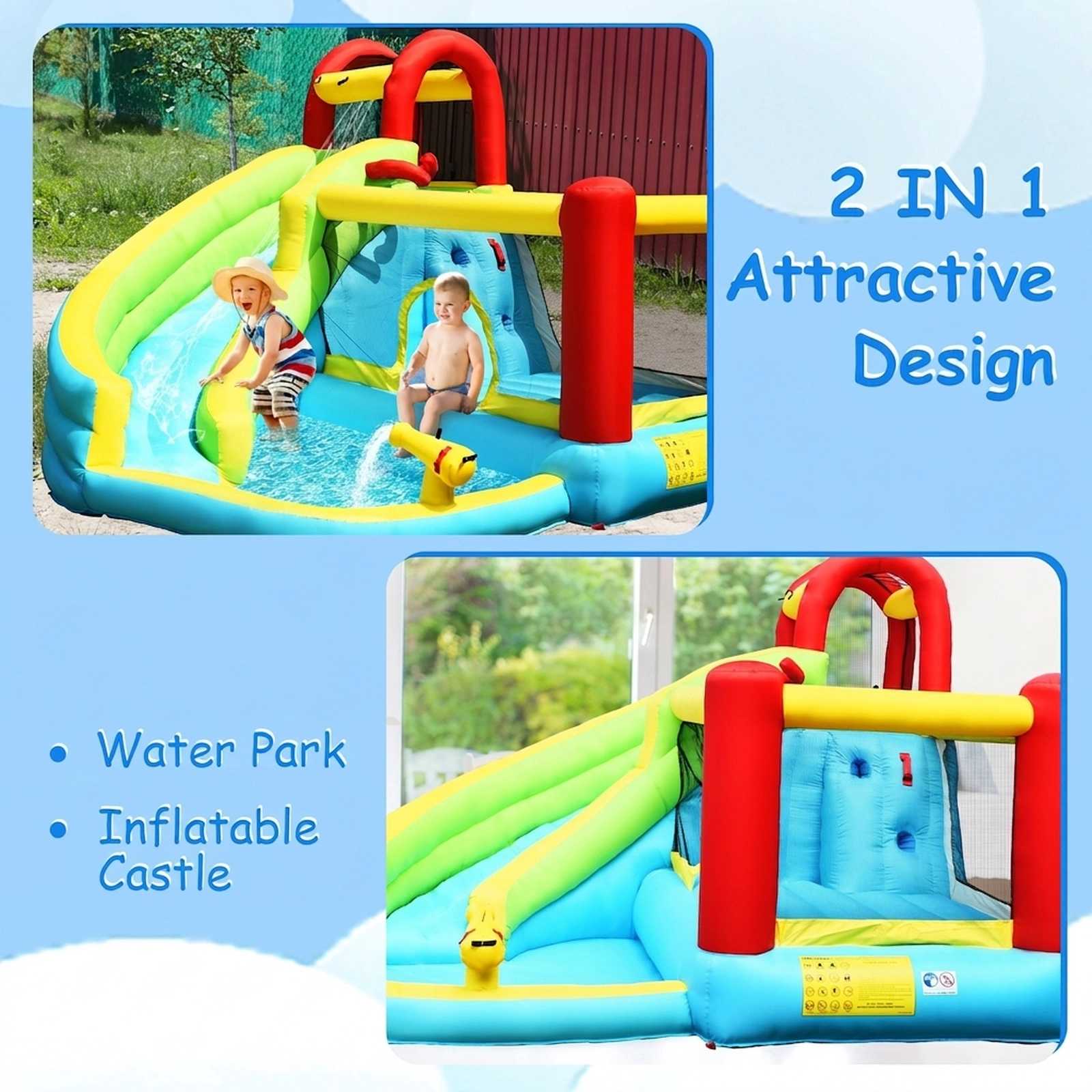SUGIFT 6-in-1 Inflatable Bounce House with Climbing Wall, Water Slide, Pool and Basketball Hoop 300-lb Capacity