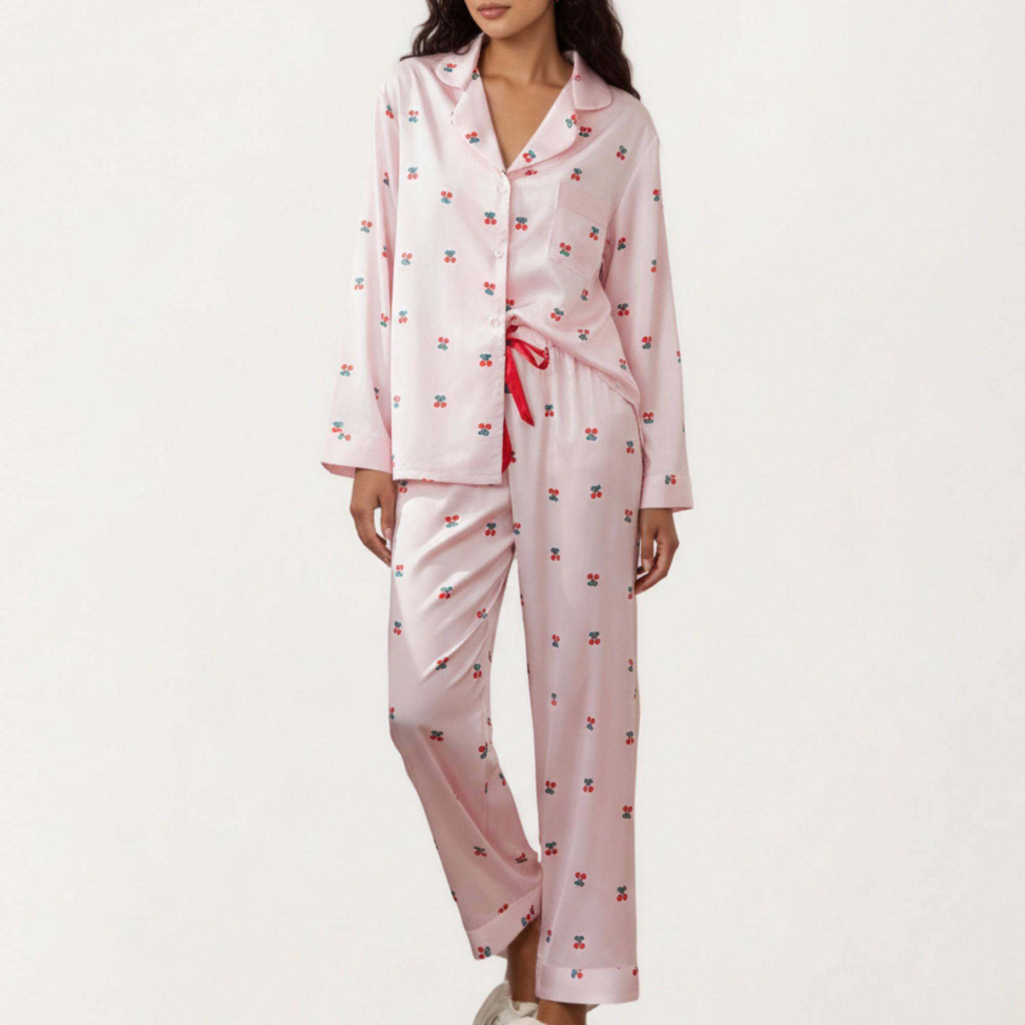 Anna-Kaci Women's Satin Long Sleeve Pajama Set with Mini Bow Print Button Up Top and Chest Pocket
