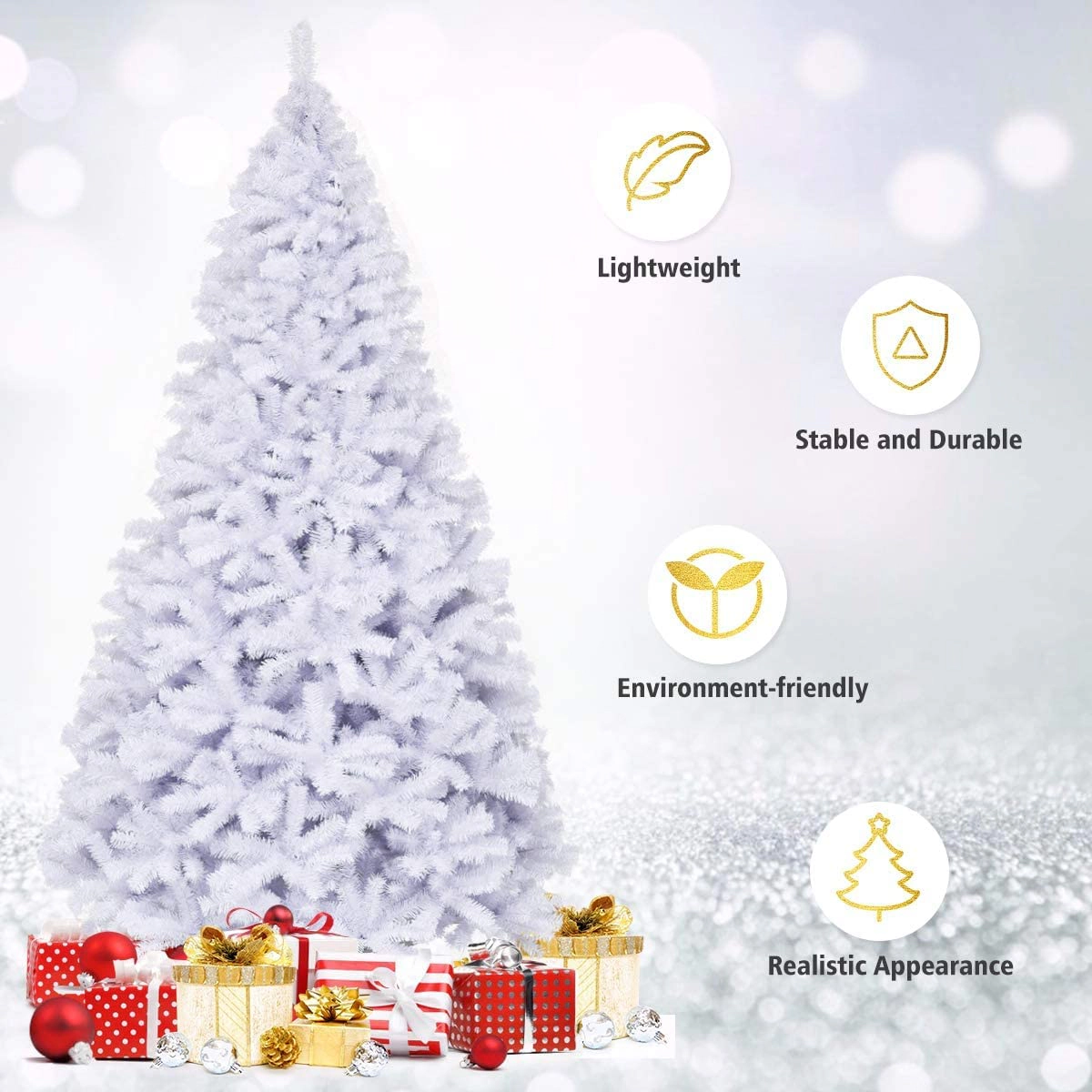 Glintex 9-Ft White Christmas Tree with 2132 Branch Tips and Foldable Iron Base, White
