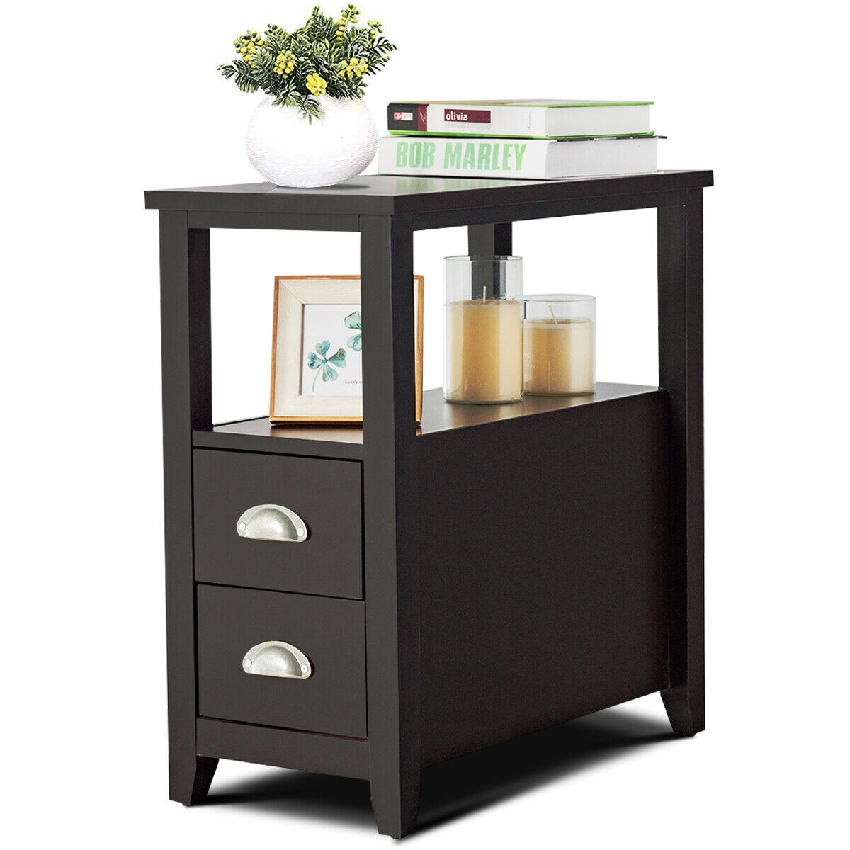 SUGIFT Compact Rectangular Wooden Nightstand with 2 Drawers and Shelf 33-lb Tabletop Capacity Dark Brown