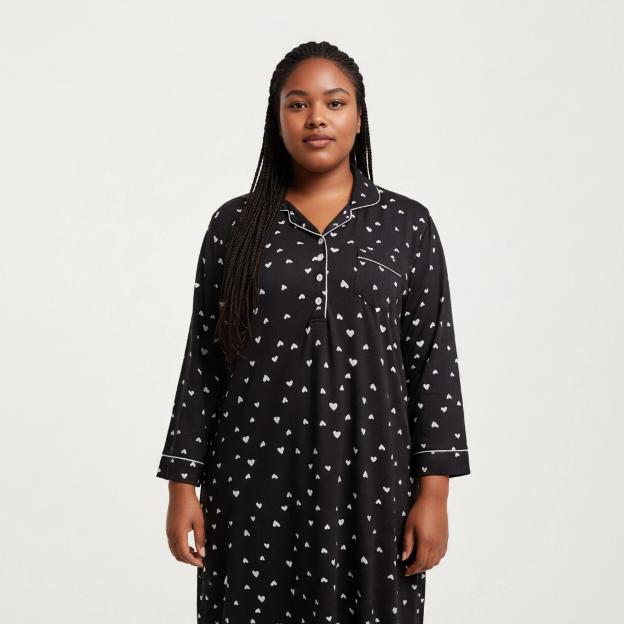 Anna-Kaci Women's Valentine Heart Print Long Sleeve Maxi Nightgown with Soft Stretch Fabric Classic Piped Collar Detail