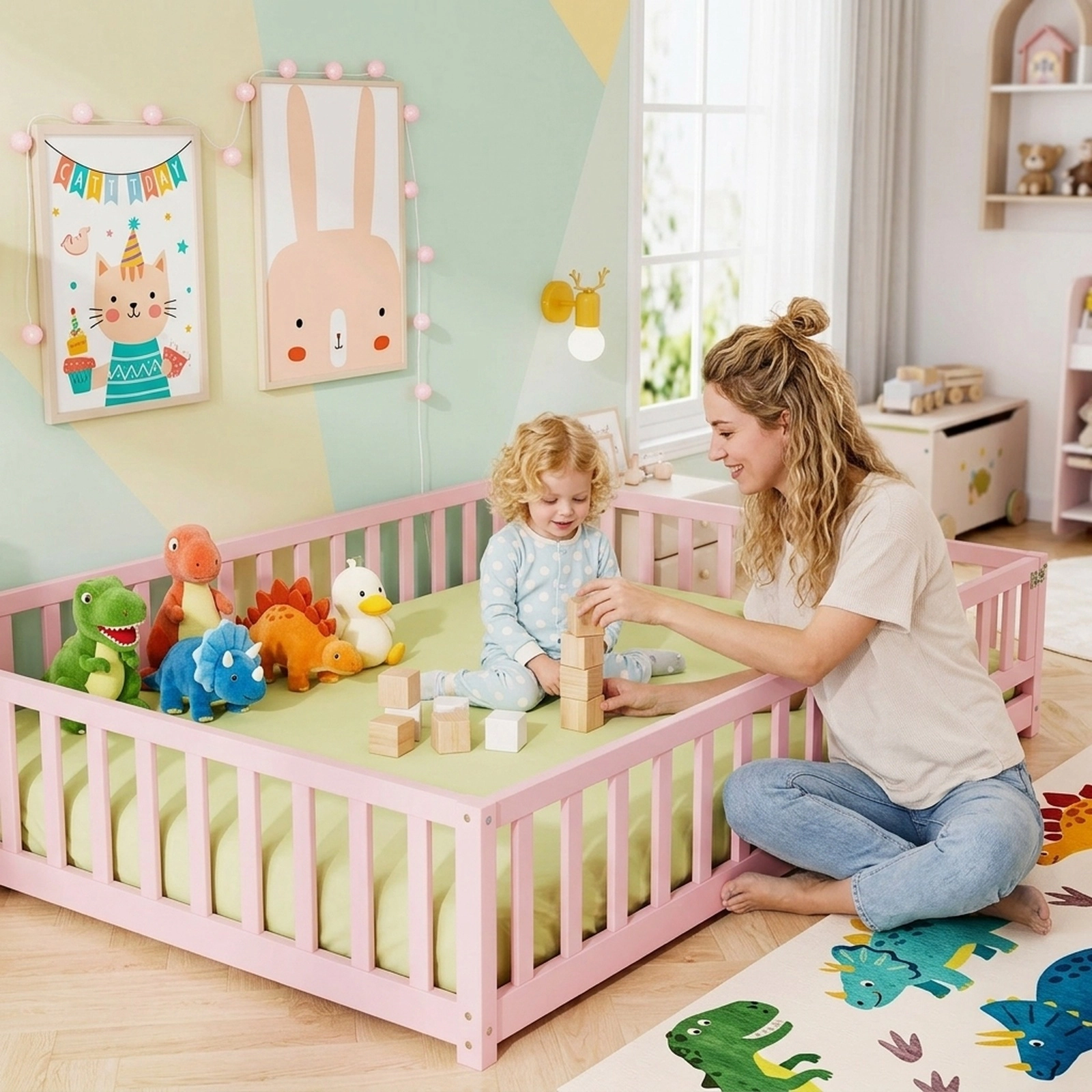 SUGIFT Full Montessori Floor Bed, Full-Length Rails, Latching Door, Pink Pine Frame