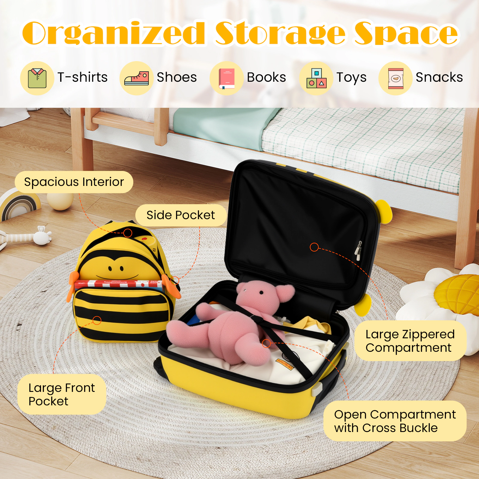 SUGIFT Kids 2-Piece Anti-Lose Rope Retractable Rod 2-Level Suitcase Backpack Luggage Set 4 Wheels Ages 3+ Yellow