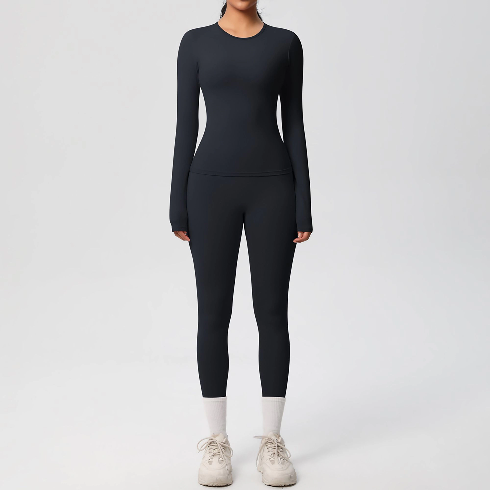 Anna-Kaci Women's Long Sleeve Crew Neck Top and High Waist Leggings Set with Slim Fit Design