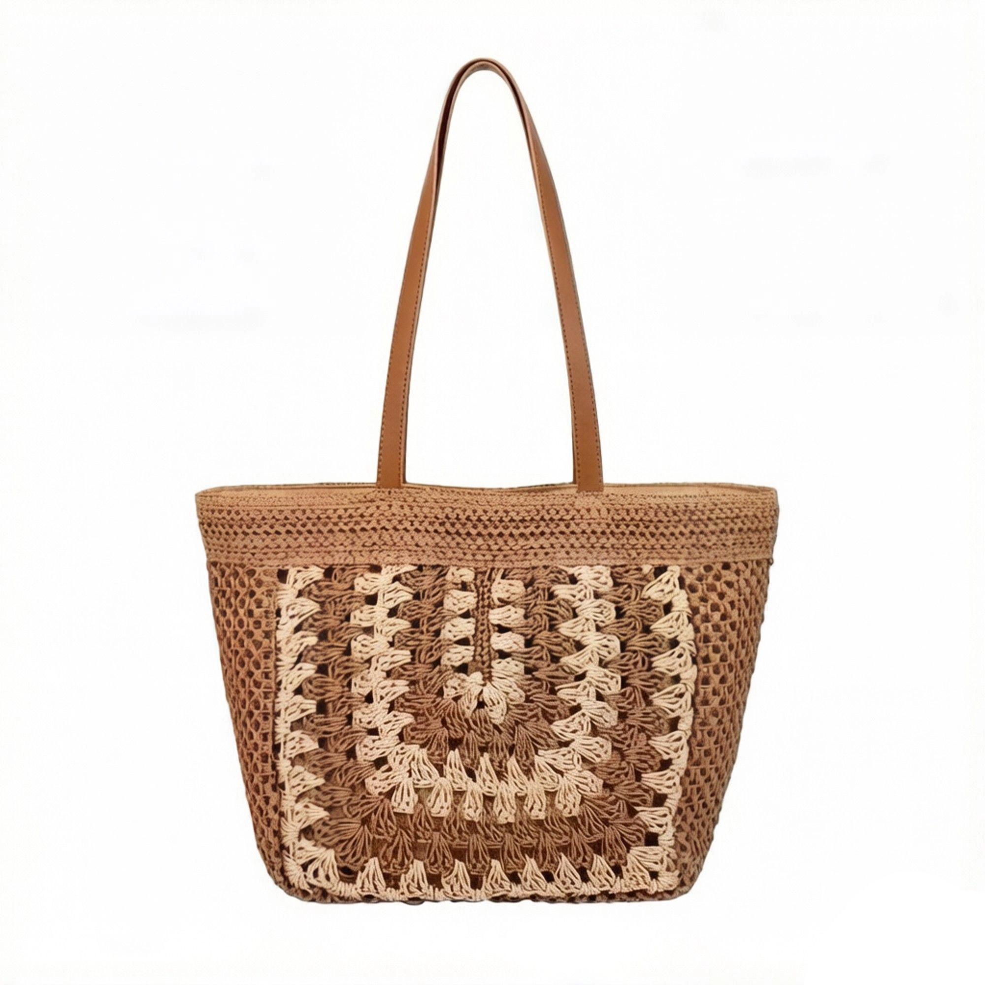 Alilang Women's Woven Crochet Tote Bag with Openwork Panel Design Leather Shoulder Strap Lightweight Knit Handbag