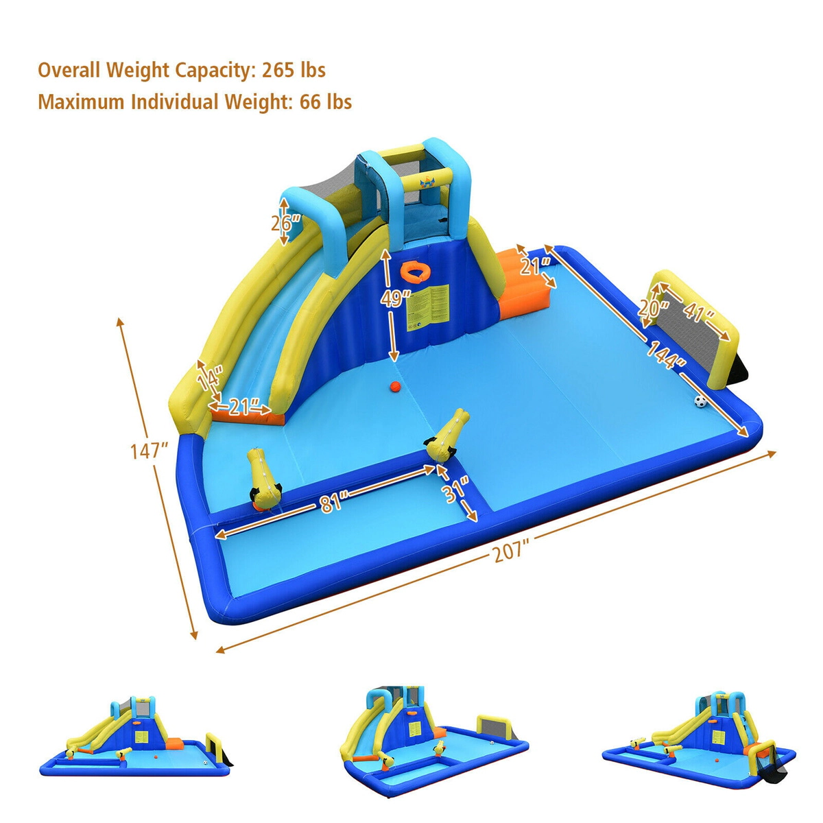 SUGIFT 6-in-1 Inflatable Water Slide Jumping House 265-lb Capacity Ages 3-12 Blue Yellow without Blower
