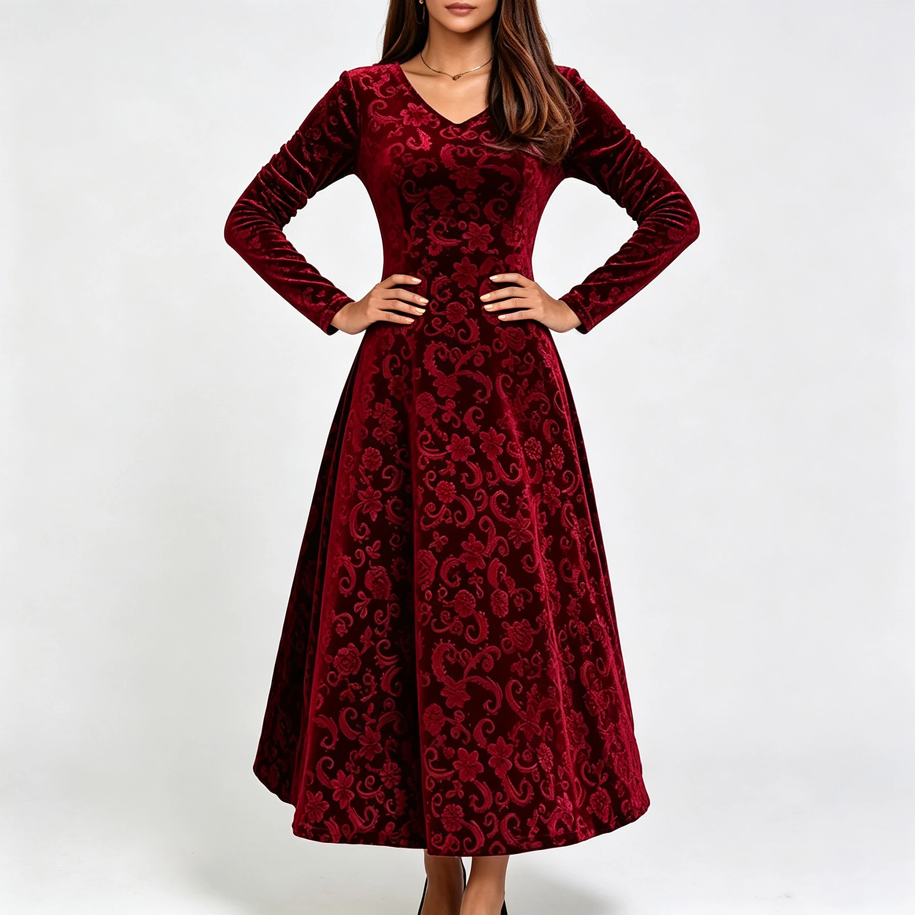 YesFashion Women Long Sleeve Velvet Maxi Dress V-Neck High Waist Flowy Floral Print
