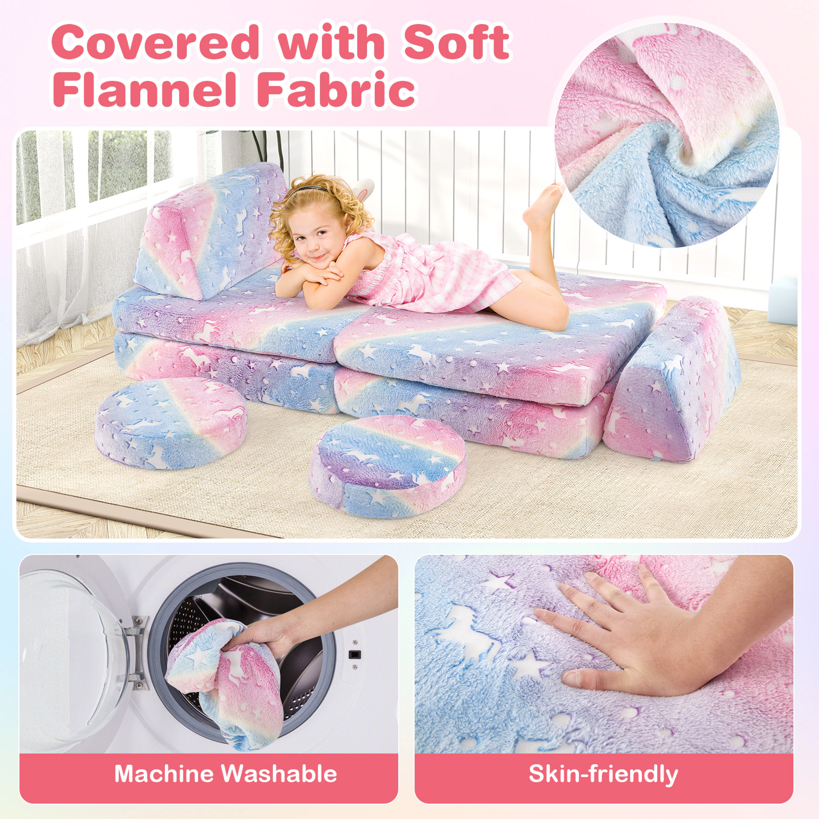 SUGIFT Glow in the Dark Pattern and Carry Handles Modular Kids Play Couch Set