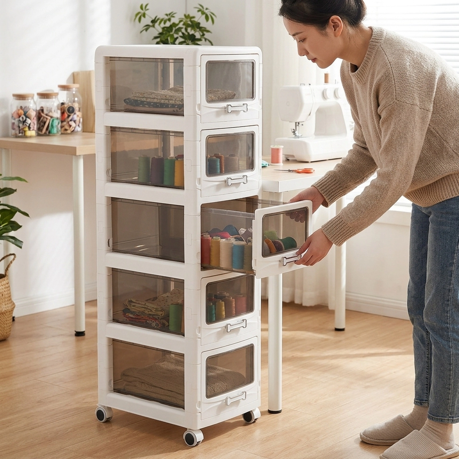 SUGIFT 5-Tier Plastic Drawer Storage Cart White with Deep Drawers and Lockable Wheels