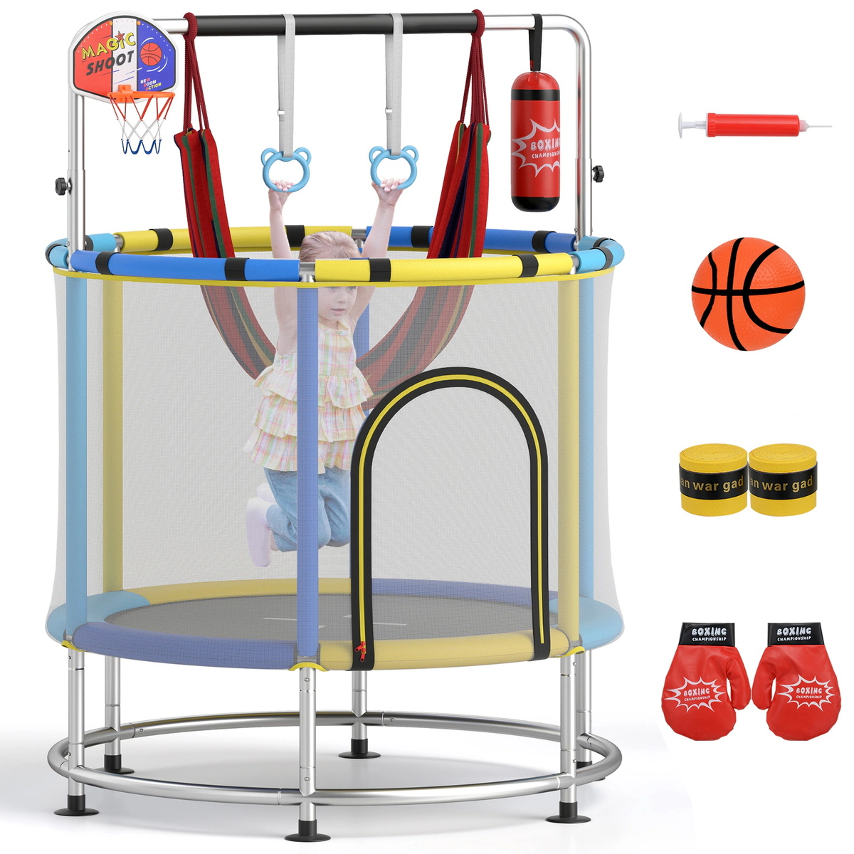 SUGIFT 55-in Kids Trampoline with Gym Bar Basketball Hoop and Accessories 440-lb Capacity Ages 3-6 Multicolor