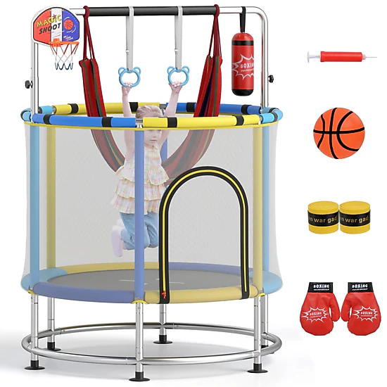 SUGIFT 55-in Kids Trampoline with Gym Bar Basketball Hoop and Accessories 440-lb Capacity Ages 3-6 Multicolor