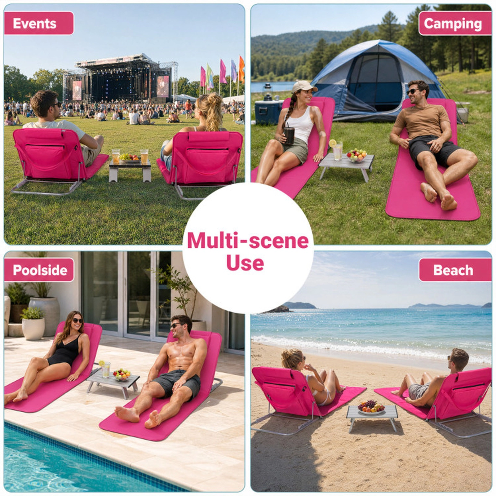 SUGIFT 3-Piece Pink Stripe 5-Position Adjustable Folding Beach Lounge Chair Set with Side Table and Carry Bag