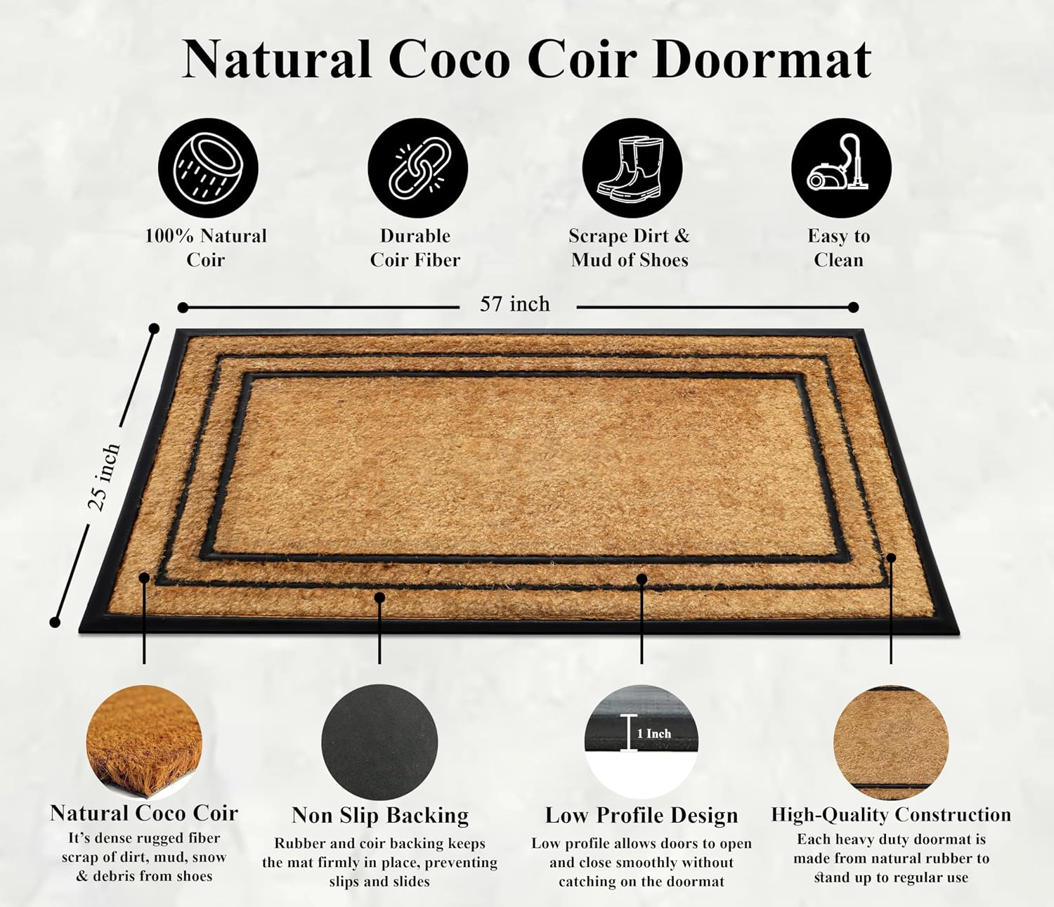 A1HC Coir and Rubber Door Mat 25x57 Inches Heavy Duty Non-Slip Dirt-Trapping Plain Border