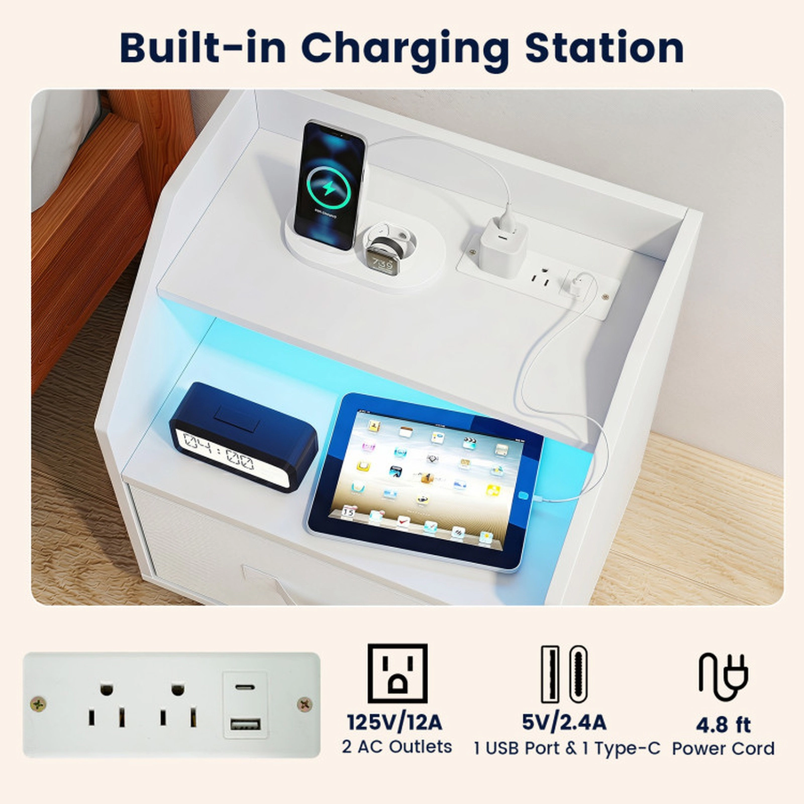 SUGIFT LED Charging Nightstand with Fabric Drawer and Open Shelf 15.5-in W 11.5-in D 21-in H in White