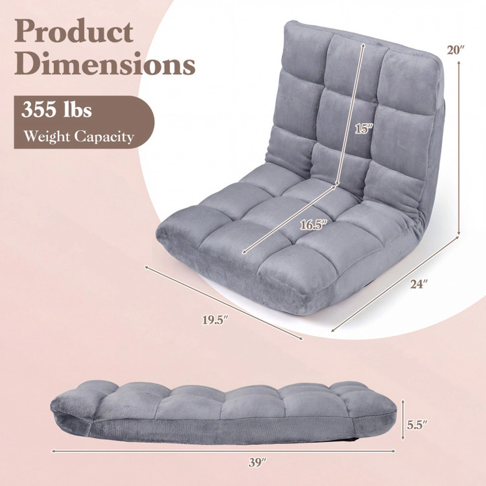SUGIFT 14-Position Adjustable Cushioned Floor Chair 200-lb Seat Capacity 77-lb Backrest Capacity Light Gray