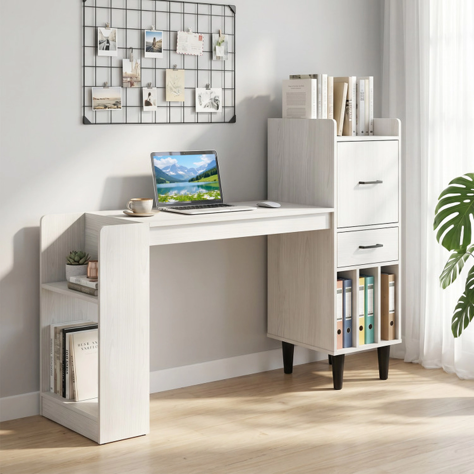 SUGIFT White Oak Side Storage Shelves and Drawer Cabinet 59-in Home Office Desk
