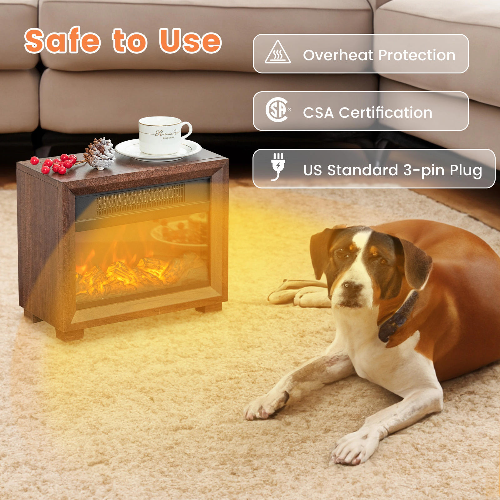 SUGIFT 13.1-in Mini Wooden Mantel Portable Tabletop Electric Fireplace 13.1-in x 6.7-in x 11.4-in 750W Brown