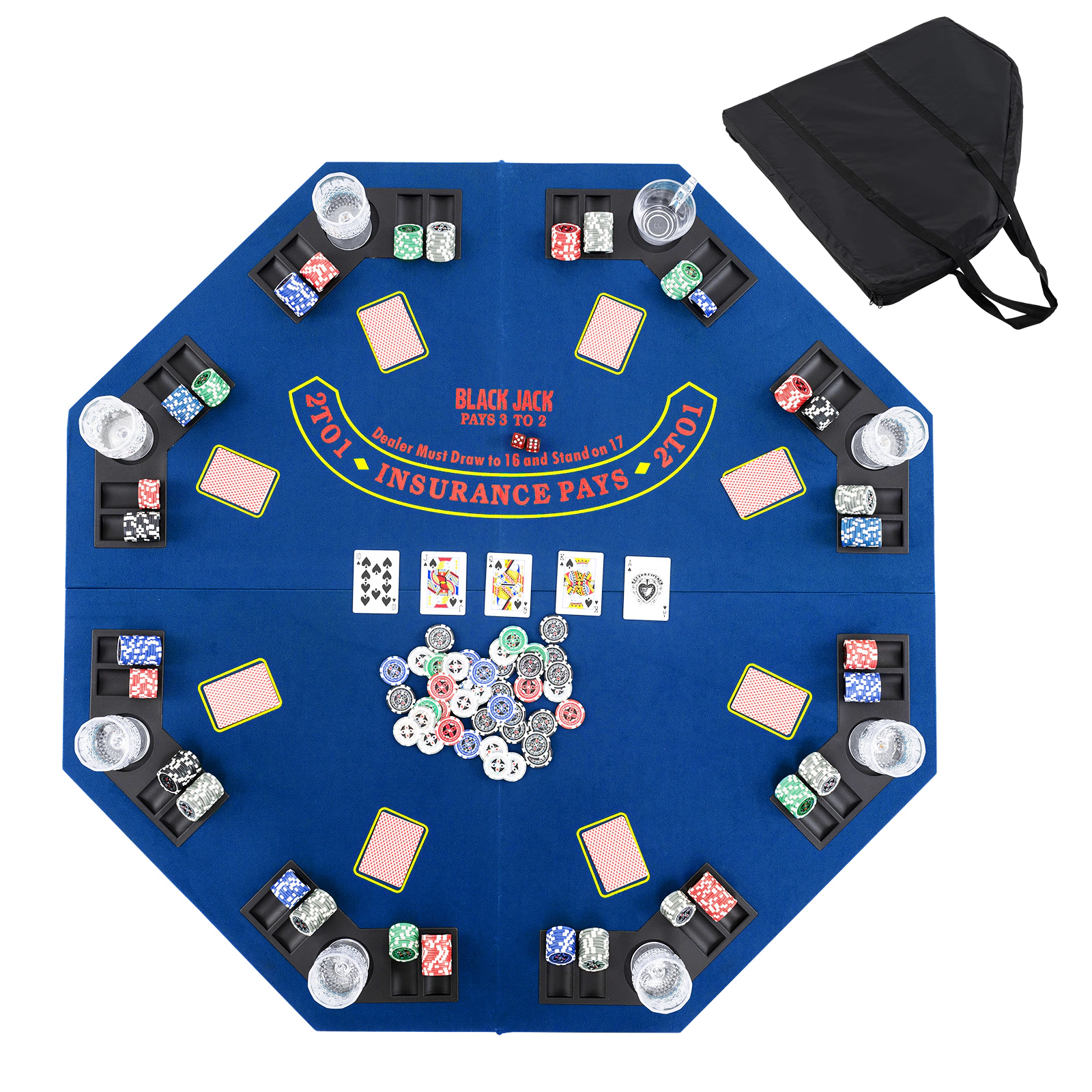 SUGIFT Blue 8-Player Octagonal Poker Table Top with 8 Cup Holders and Quad-Fold Carry Bag 48-in W 48-in D