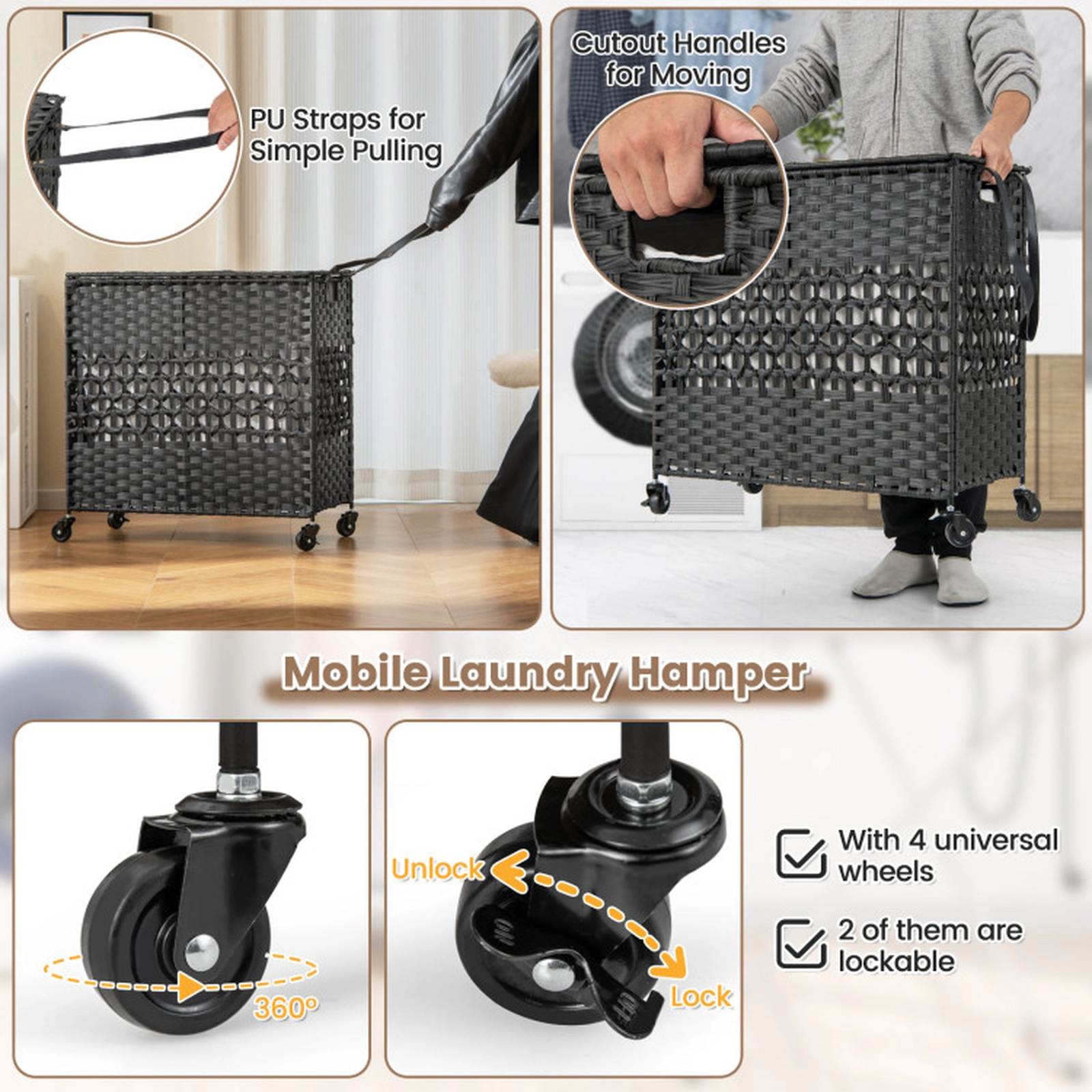 SUGIFT Black 110L 2-Section Rolling Laundry Sorter Hamper with Lockable Wheels and Washable Liners