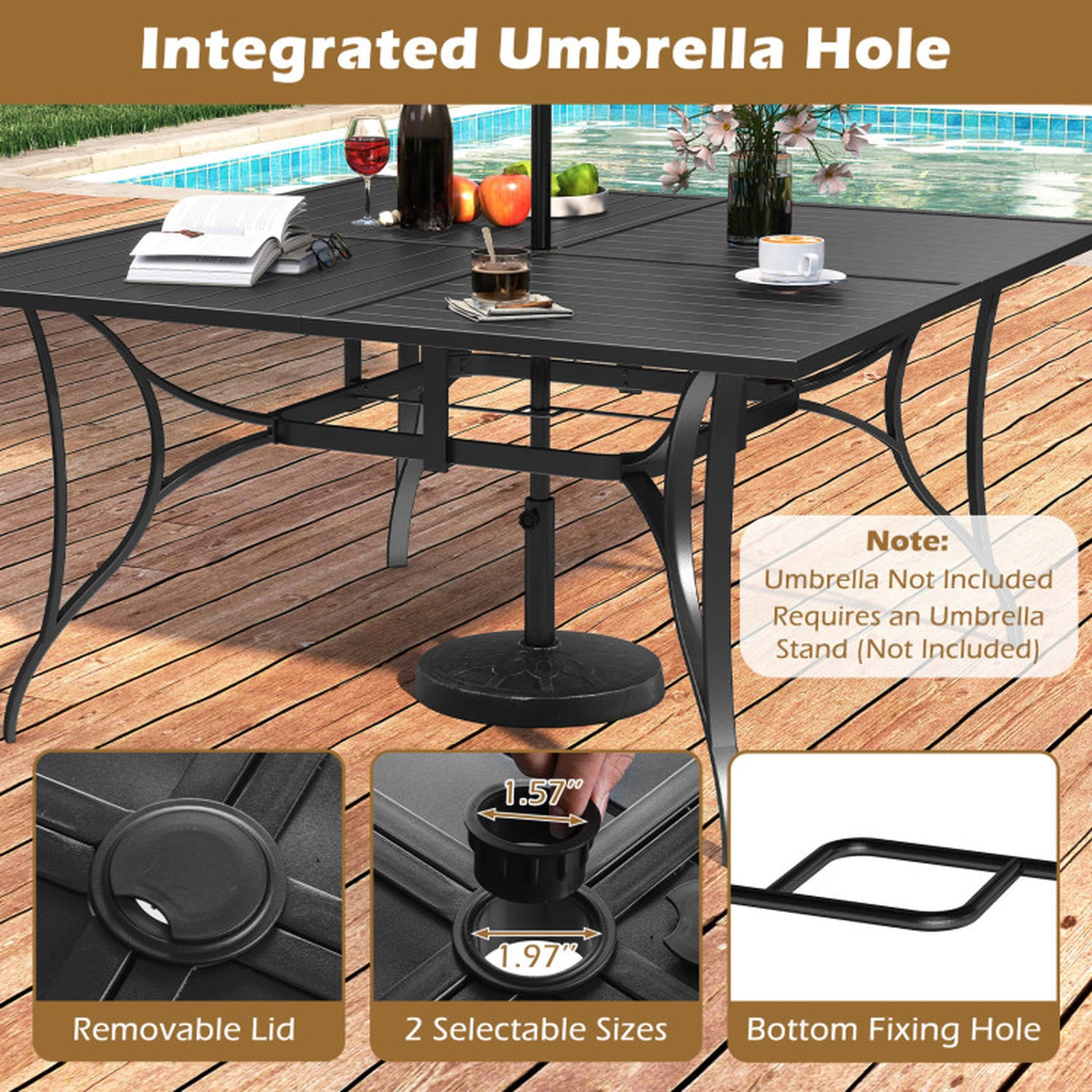 SUGIFT 8-Person Metal Slatted Top Umbrella Hole Square Patio Dining Table 60-in x 60-in x 30-in 330-lb Capacity Black