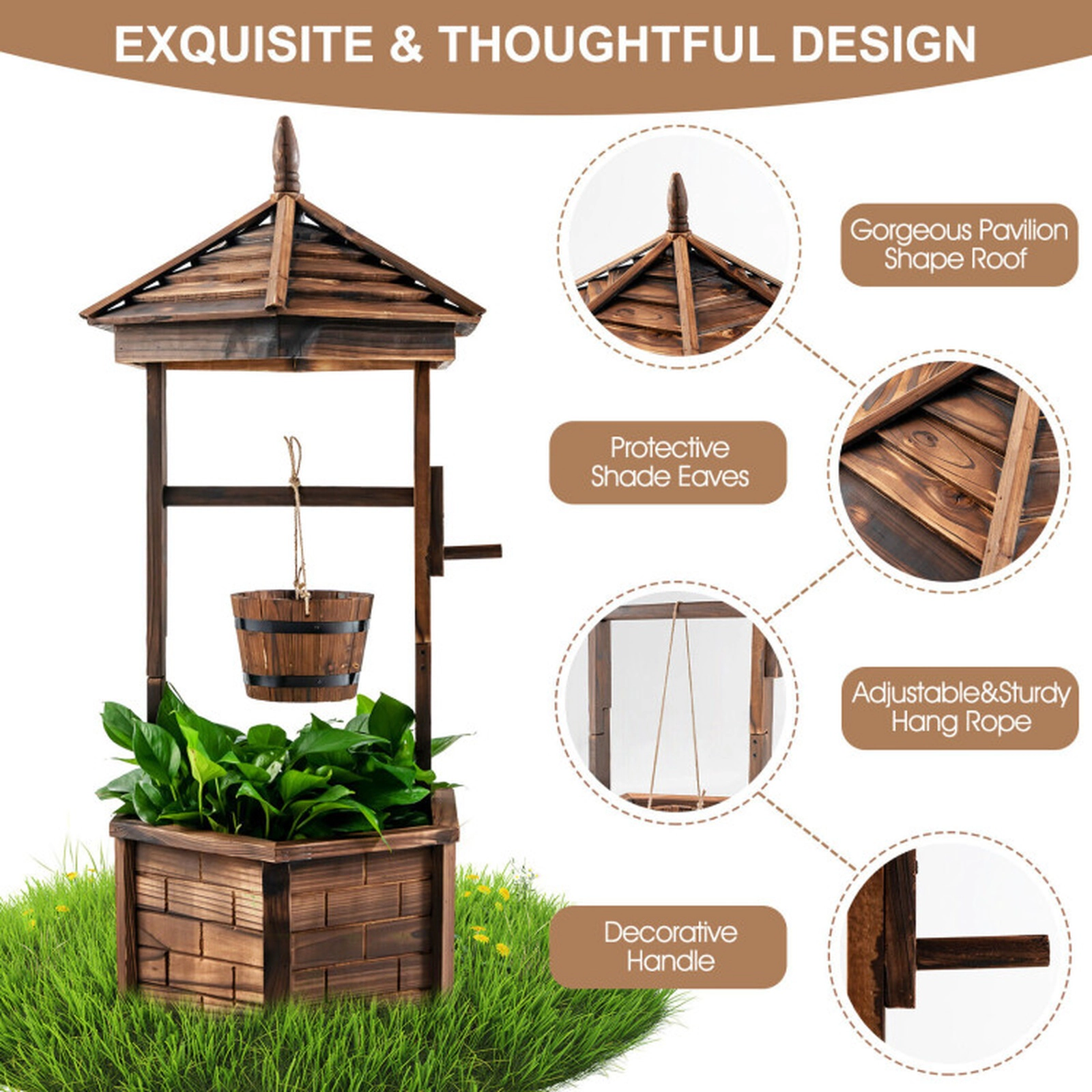 SUGIFT Brown Rustic Fir Wood Wishing Well Planter with Hanging Bucket 24.5-in W 24.5-in D 49-in H 21-in Base