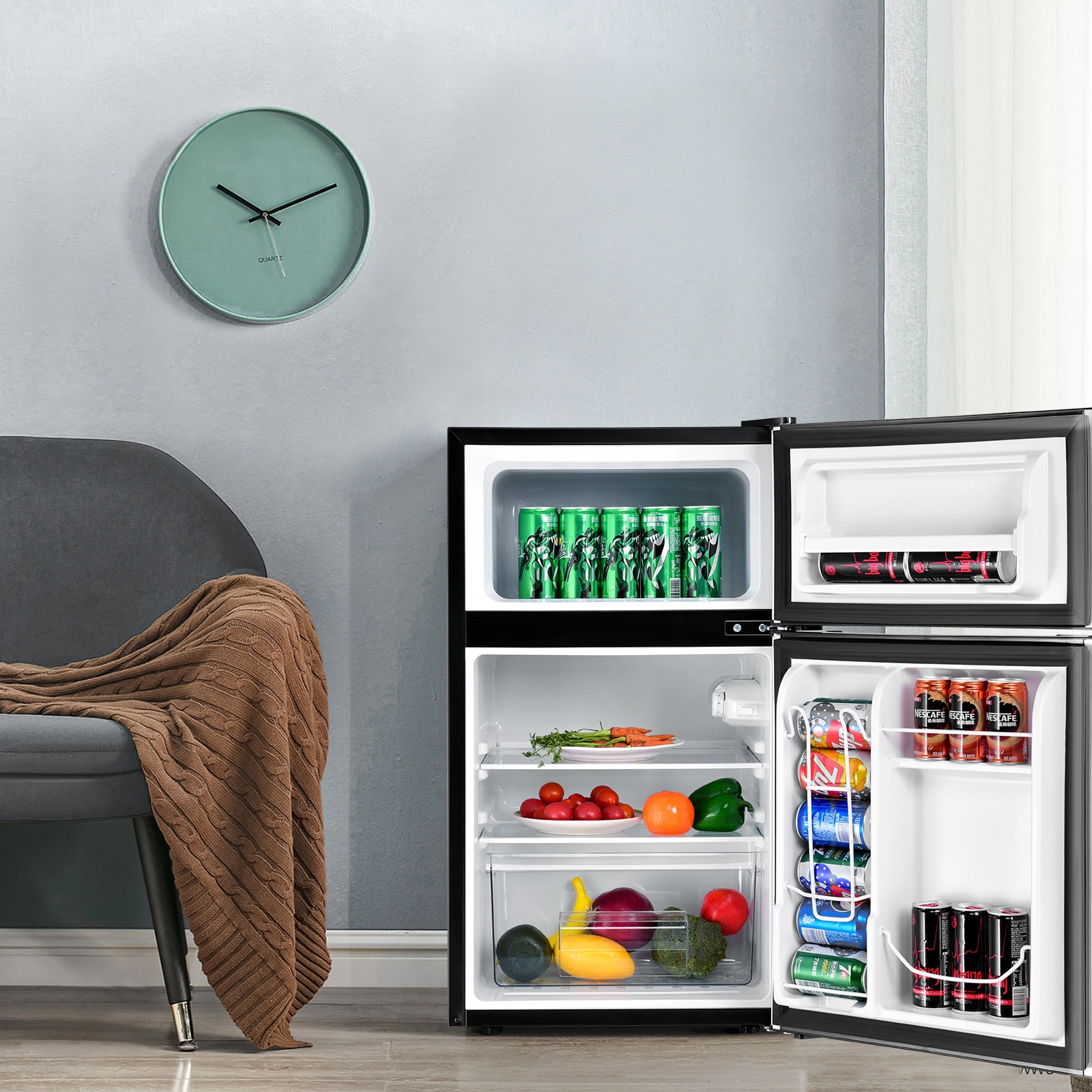 SUGIFT 3.2-cu ft Compact Mini Fridge with Freezer Adjustable 7-Setting Thermostat and Reversible Door